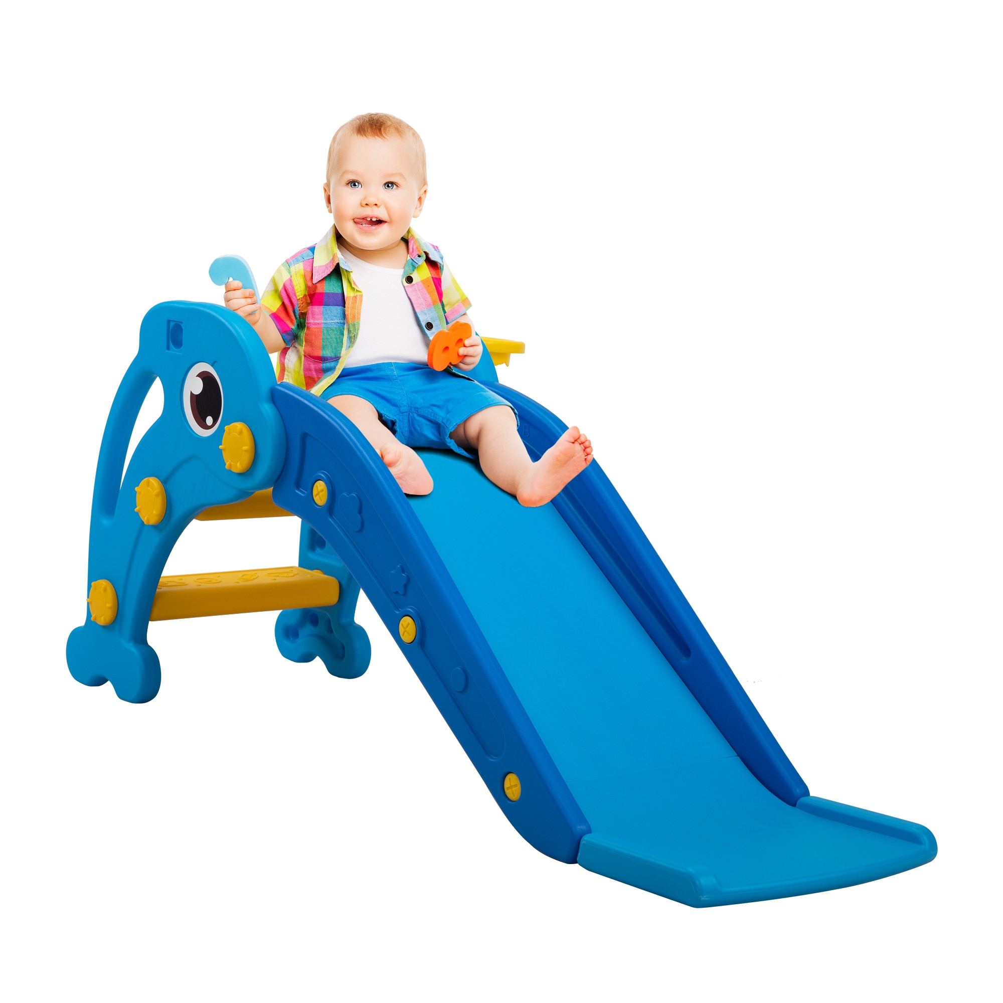 Siavonce XH54974 3 in 1 Kids Climber and Slide, Toddler Play Set with Basketball Hoop and Ball, Indoor Outdoor Freestanding Slide for Preschool Boys Girls, Blue Dolphin