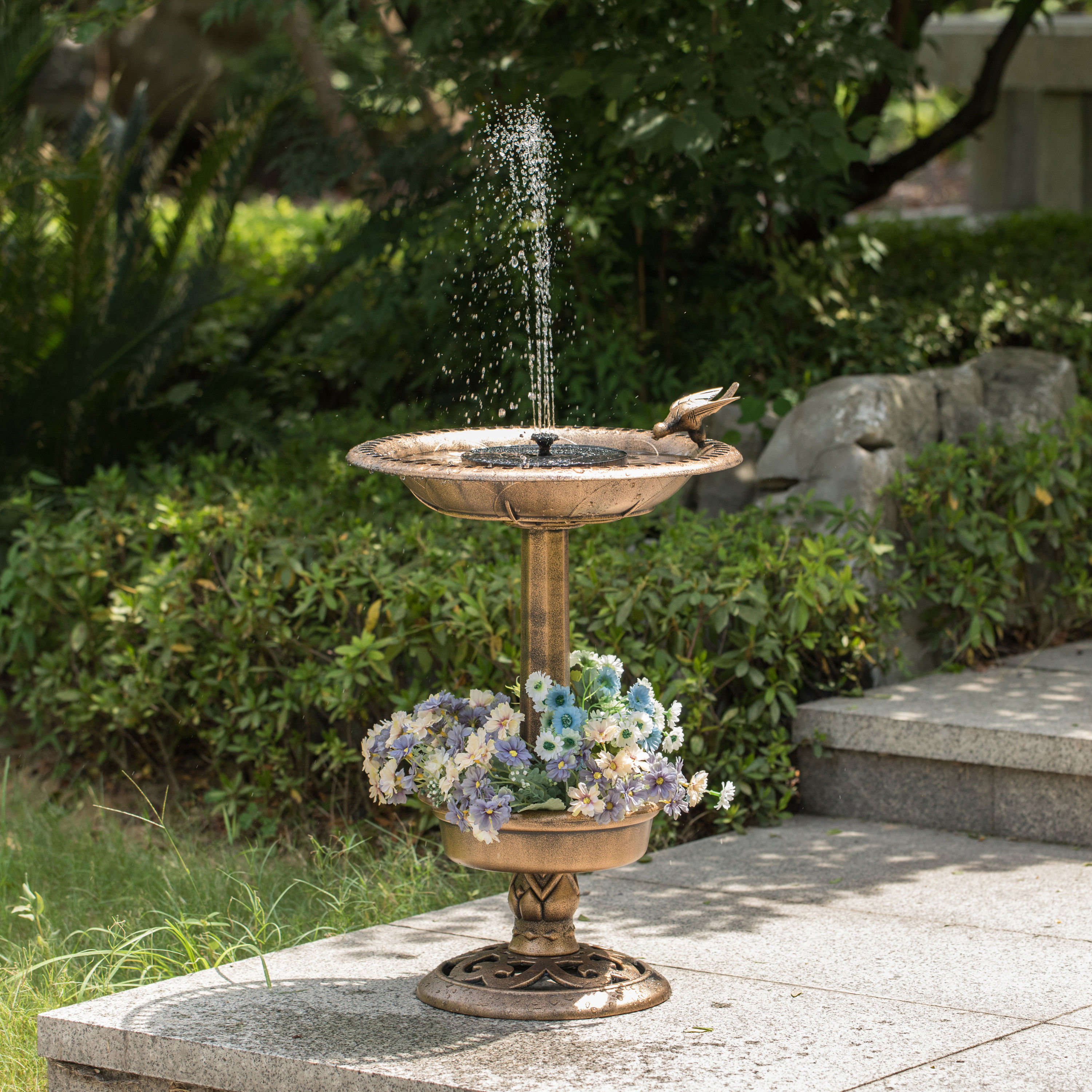 Bird Hotel Feeder & Bath With Solar Light Garden Ornamental Birds Table Station 
