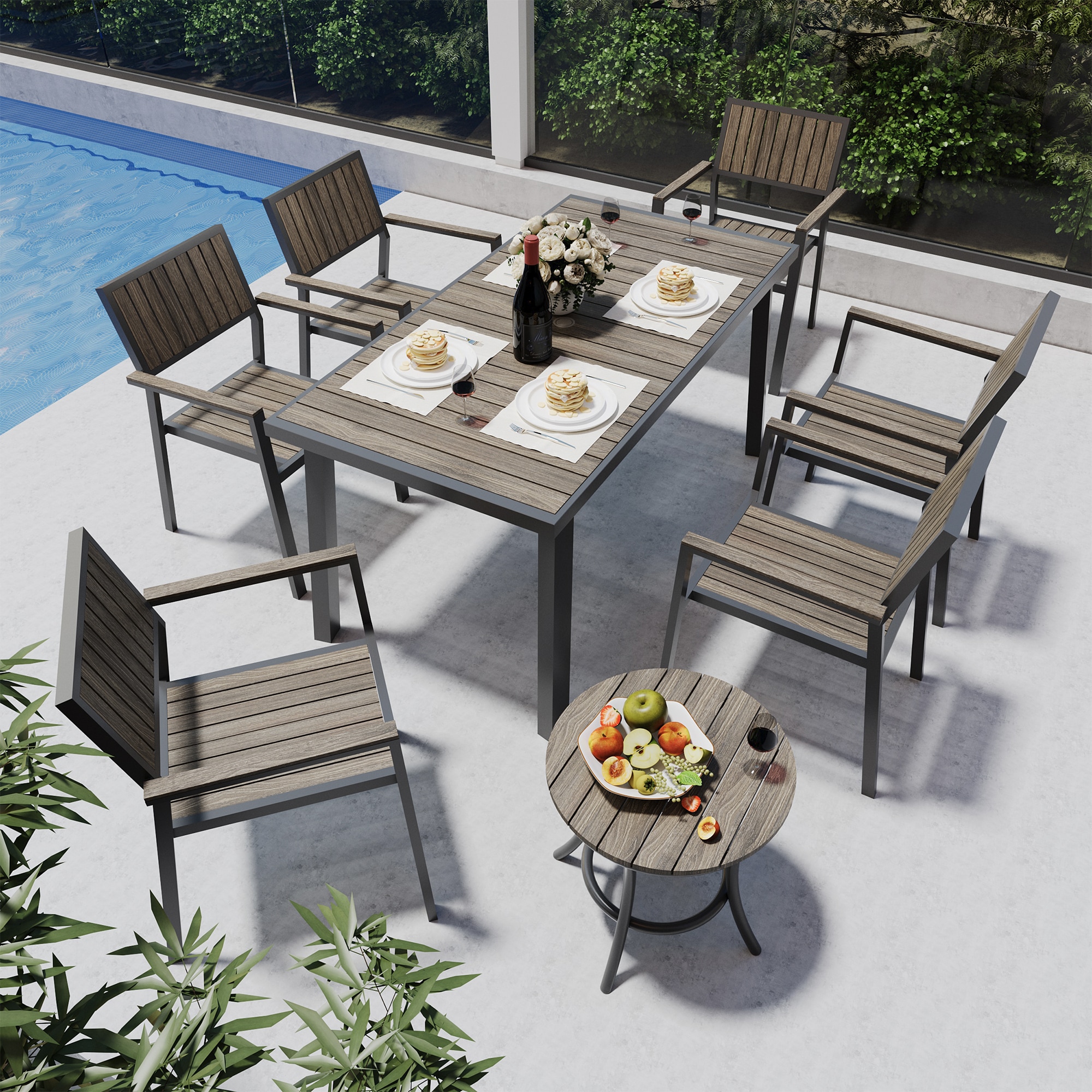 PamaPic TB-CZ-8JT-H-WL1 Patio Dining Sets 8 -Piece Black Patio Dining Set Aluminum Rectangle Table with 6 Stackable Stationary Chairs