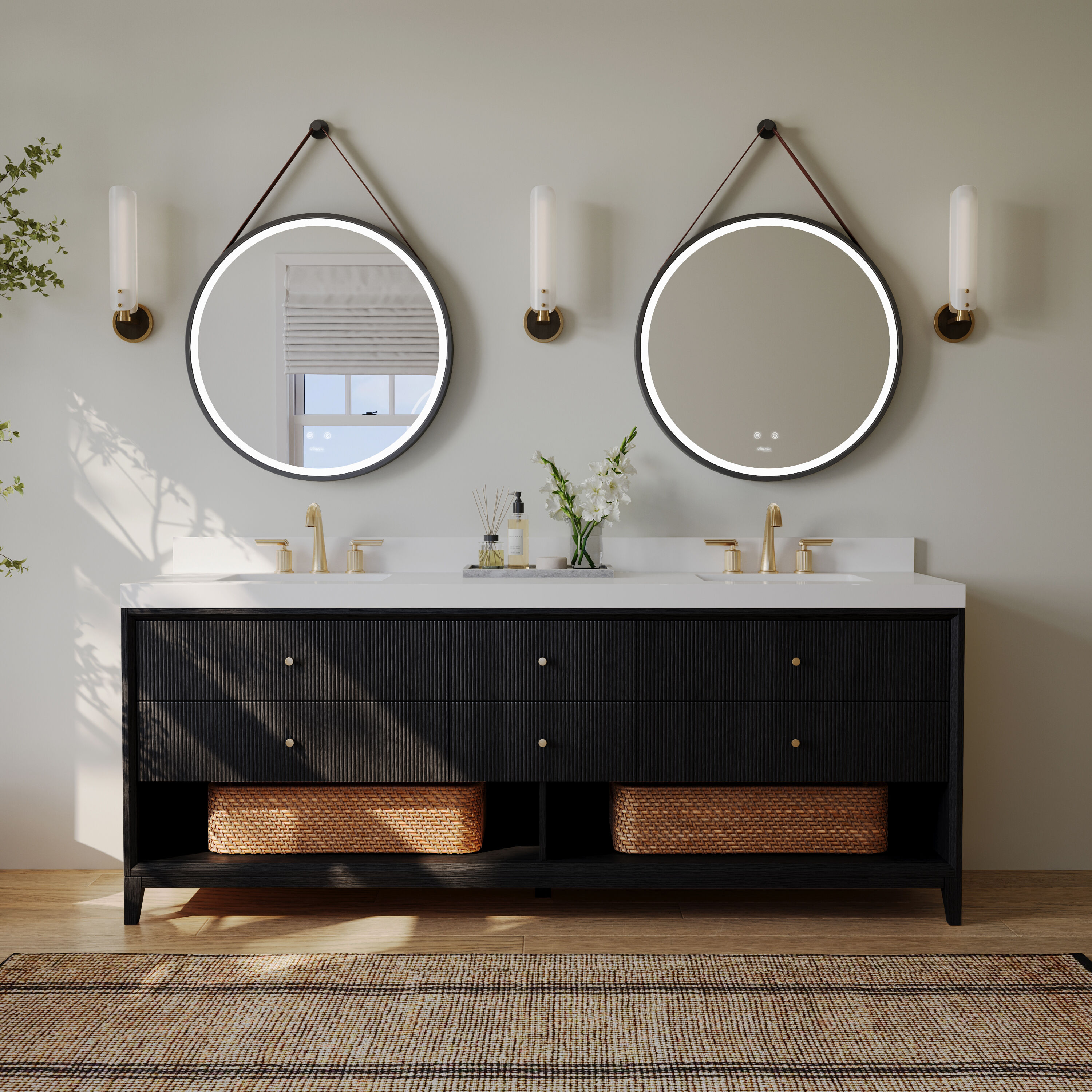 Ancerre Designs VTS-MOMO-84-RBO-WQZ Momo 84-in Black Oak Undermount Double Sink Bathroom Vanity with White Quartz Top