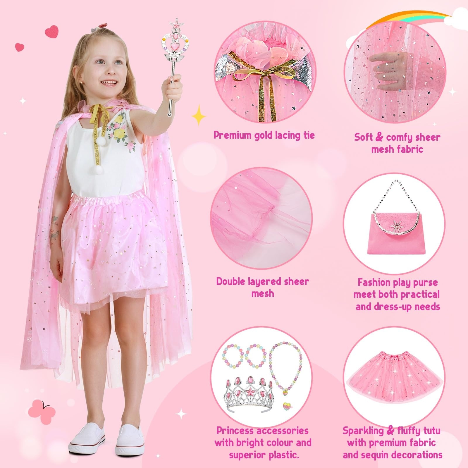 glitter princess dress up Afoxsos Clothes Set for Girls Cape Purse Crown Necklace Bracelet Gloves Wand Tiara Birthday Gift Ages 3 to 8 instock