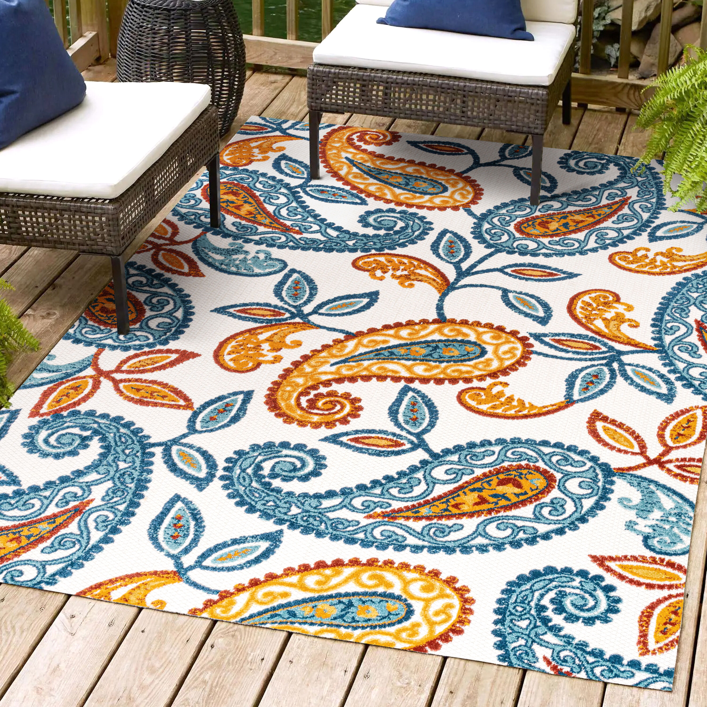 Julien Paisley Orange and Blue Indoor/Outdoor Area Rug