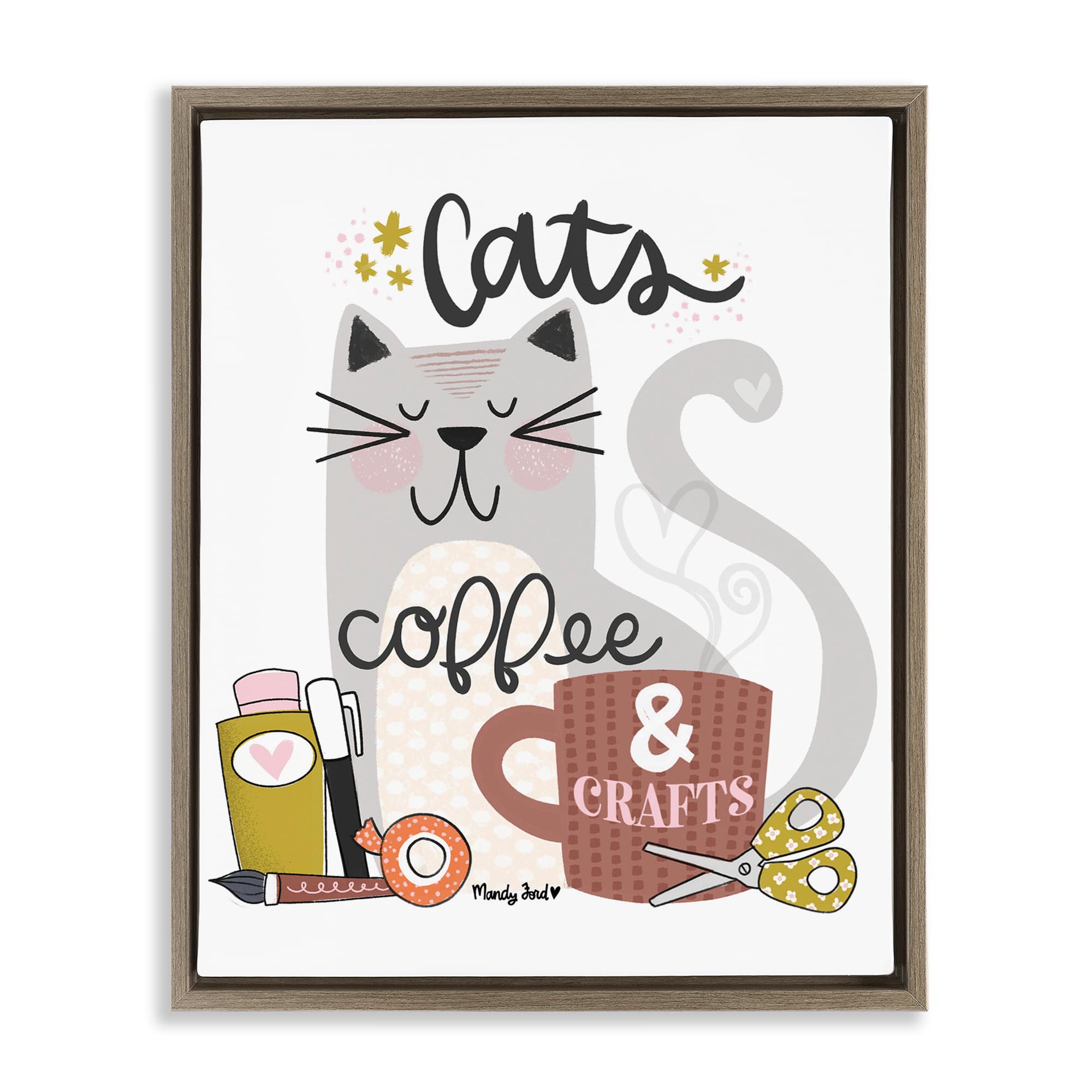 Stupell Industries -  Cats Coffee and Crafts Brown Framed Floater Canvas Wall Art By Mandy Ford A...