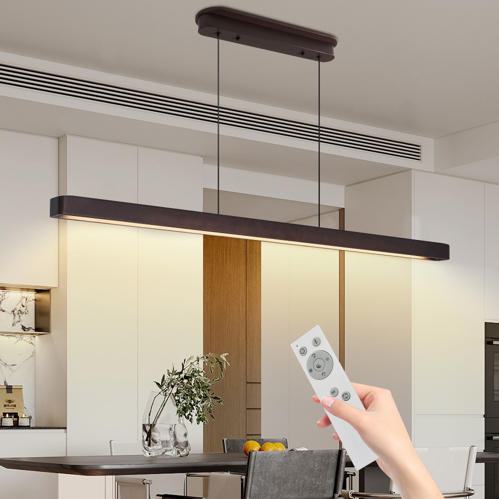 Basdien 51 in Brown Wood Modern LED Pendant Light Adjustable Hanging Light for Dining Room Kitchen Living Room Sleek Brown Color Finishes Iron Wood LED 3000K 6500K Color Temp Remote Dimmable Hard Wired Ceiling Mount Energy Saving Long Lifespan