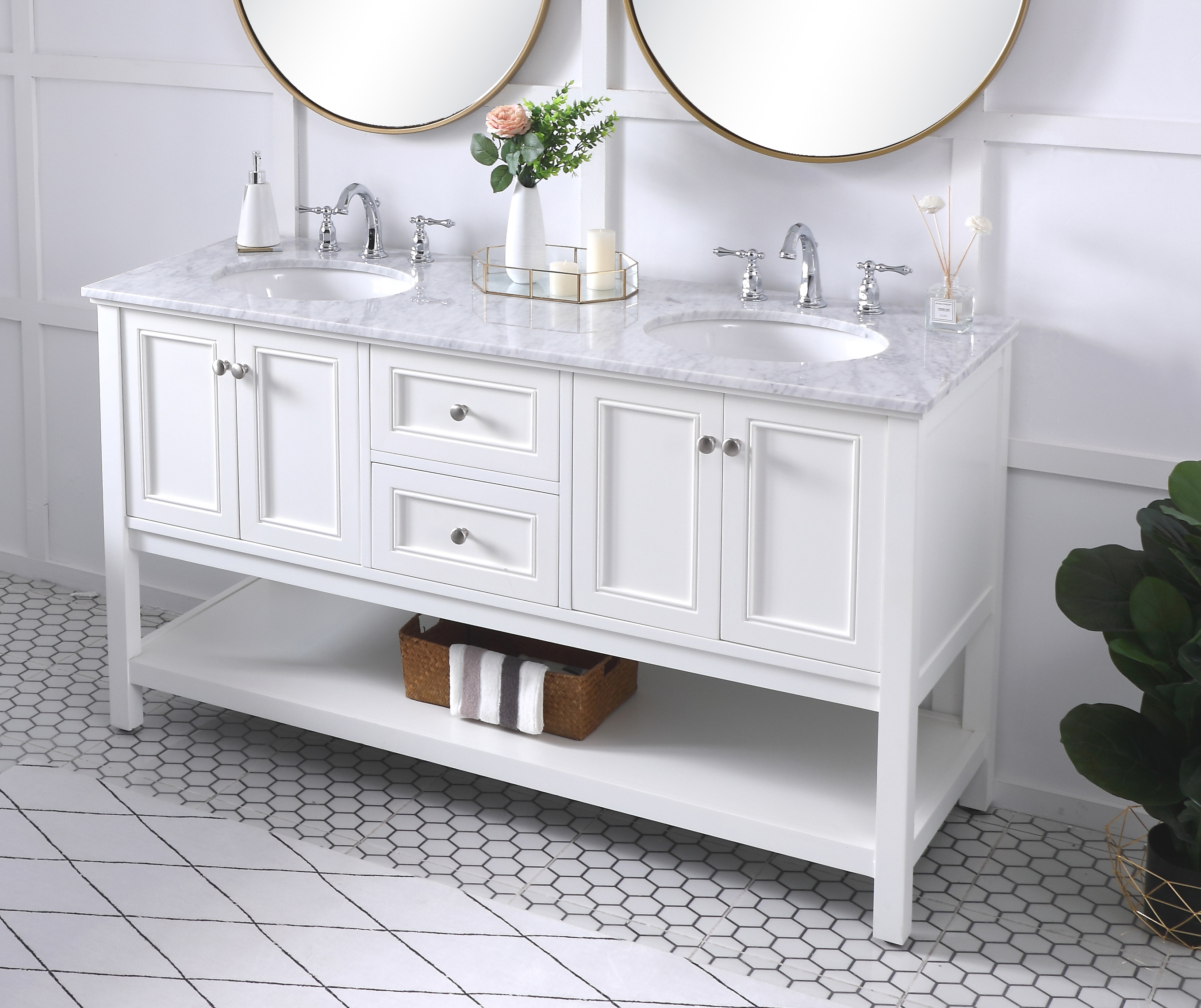 White Double Sink Freestanding Vanity with Marble Top