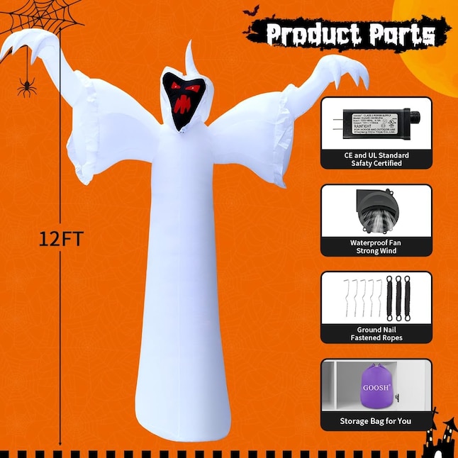 GOOSH 12-ft Tall Halloween Inflatable Ghost with Red Eyes | LED Lights ...