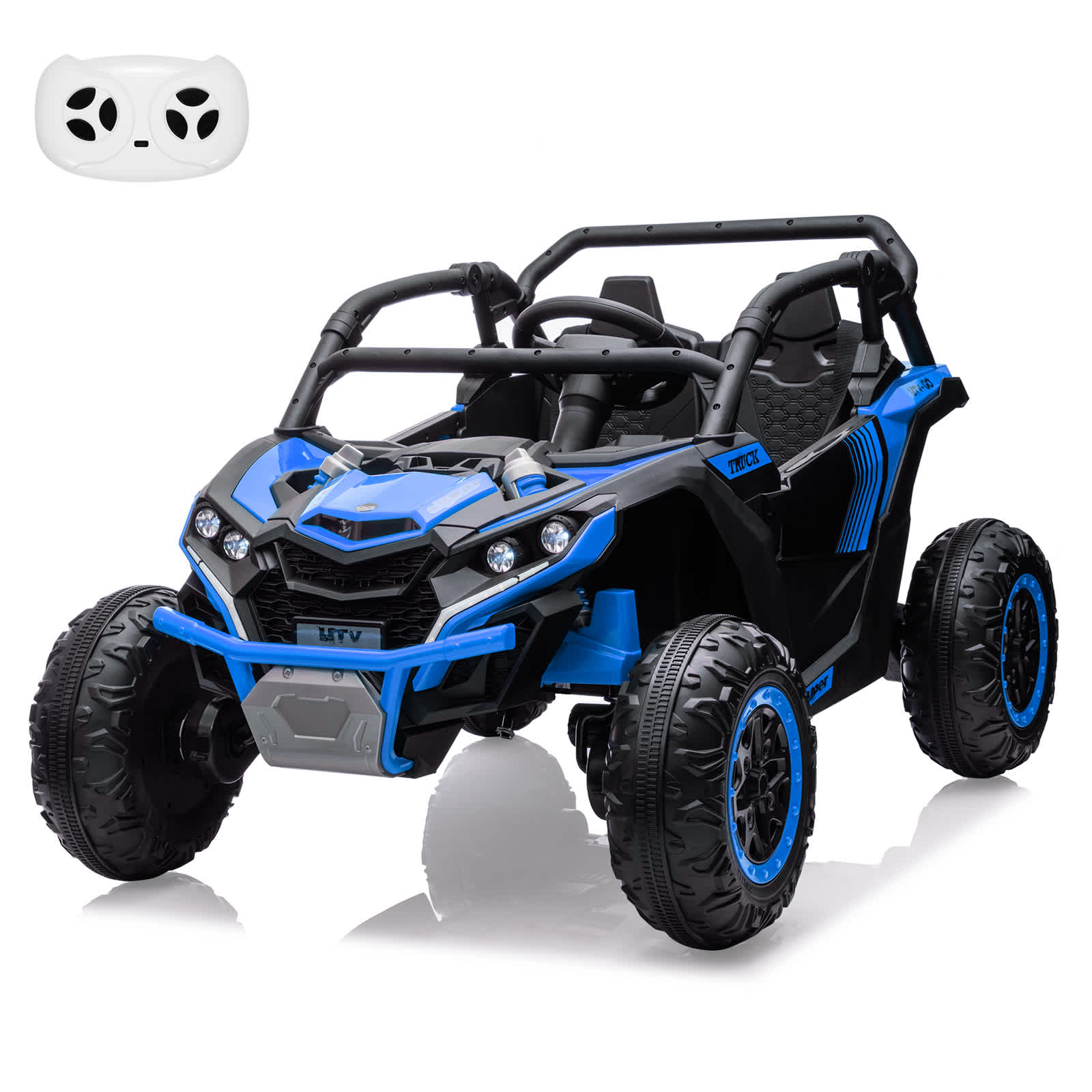 Qeetex SUN-PTO-0ZHKTVP2 24V 2 Seater Ride On UTV for Kids with Remote Control LED Lights and Music Blue