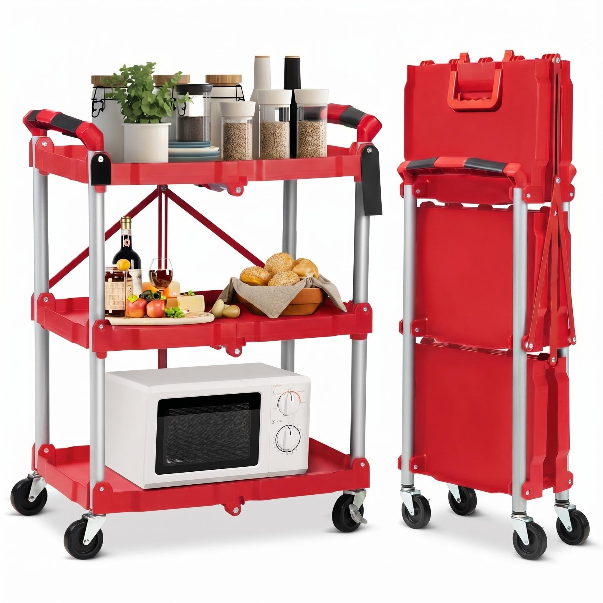 Aoile 3 Tier Portable Folding Service Cart with Wheels 150 lbs Load Capacity Foldable Utility Cart Collapsible Rolling Carts for Home Office Kitchen Garage Red