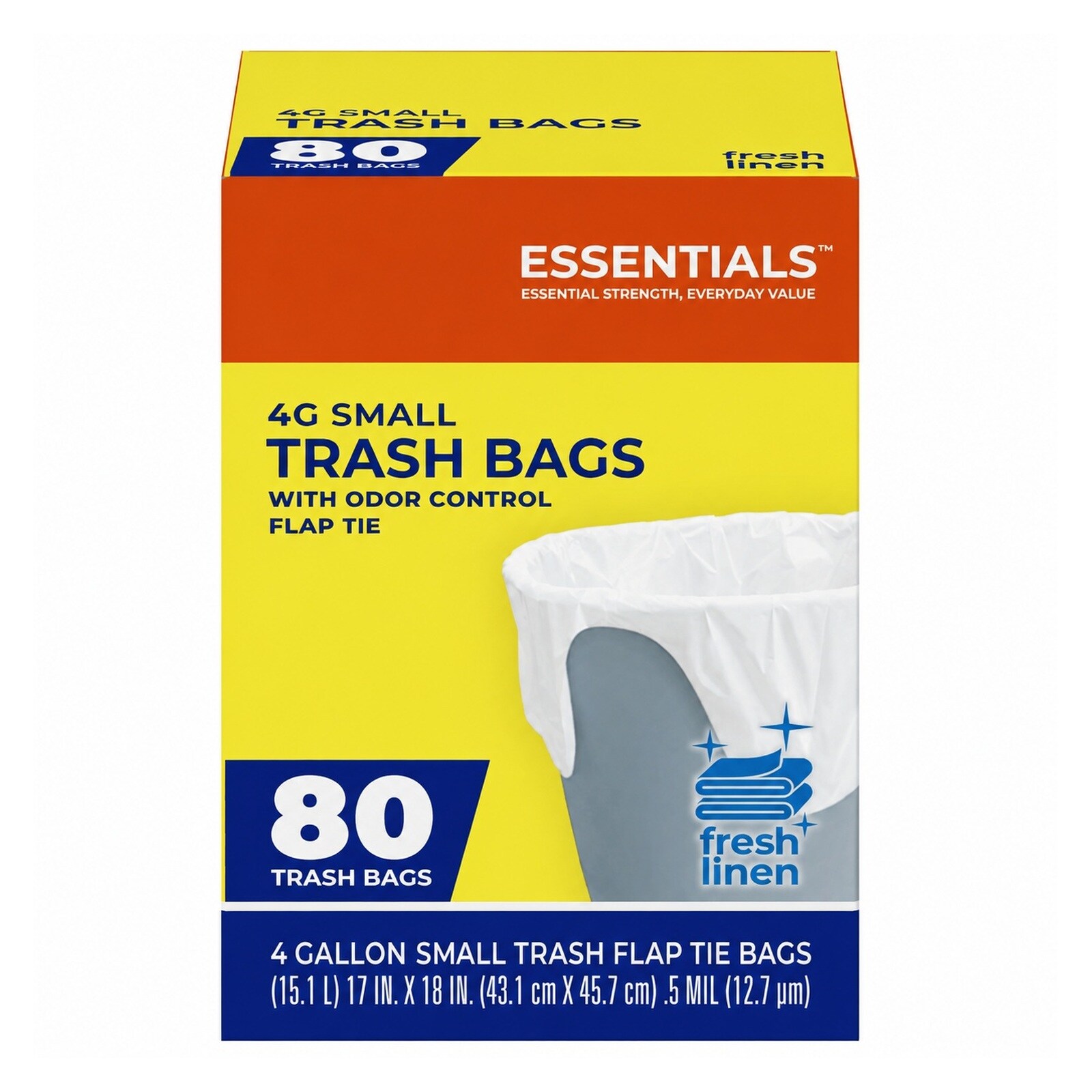 Hefty  Essentials Flap Tie 4 Gallon Trash Bags 80 Count Small Scented Trash Bags for Bathrooms Bedrooms Dorm Rooms Home Offices Fresh Linen