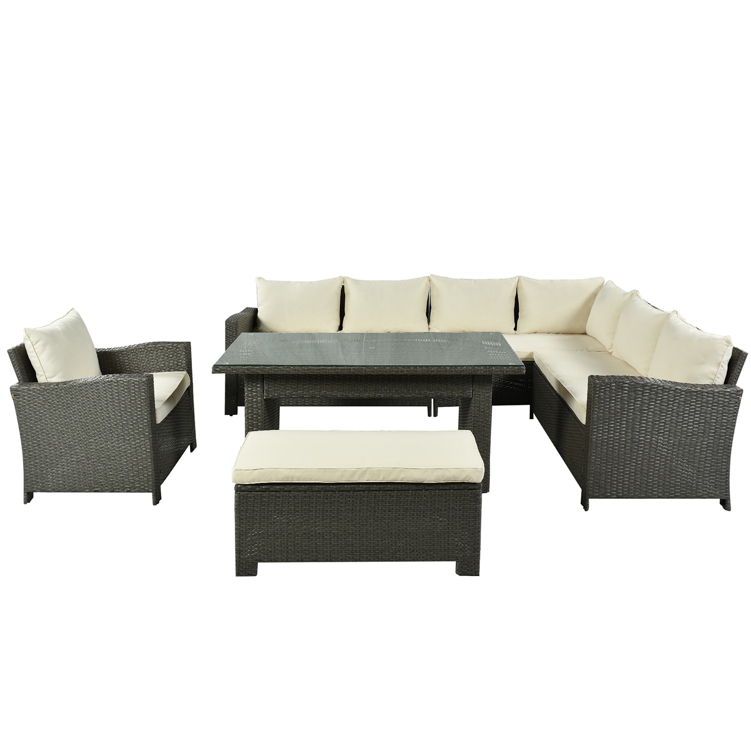 SINOFURN SYA020128BG 6-Piece Rattan Patio Conversation Set with Off-white Cushions