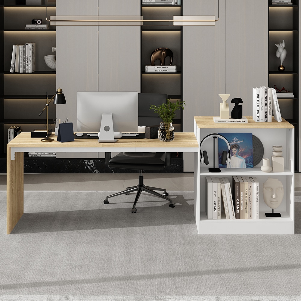  V-KF020460-01 Modern Multifunctional Office Desk with Shelves Drawers and Large Workspace Wooden Durable Sturdy Office Workstation 94.5''L x 23.6''W x 35.4''H White