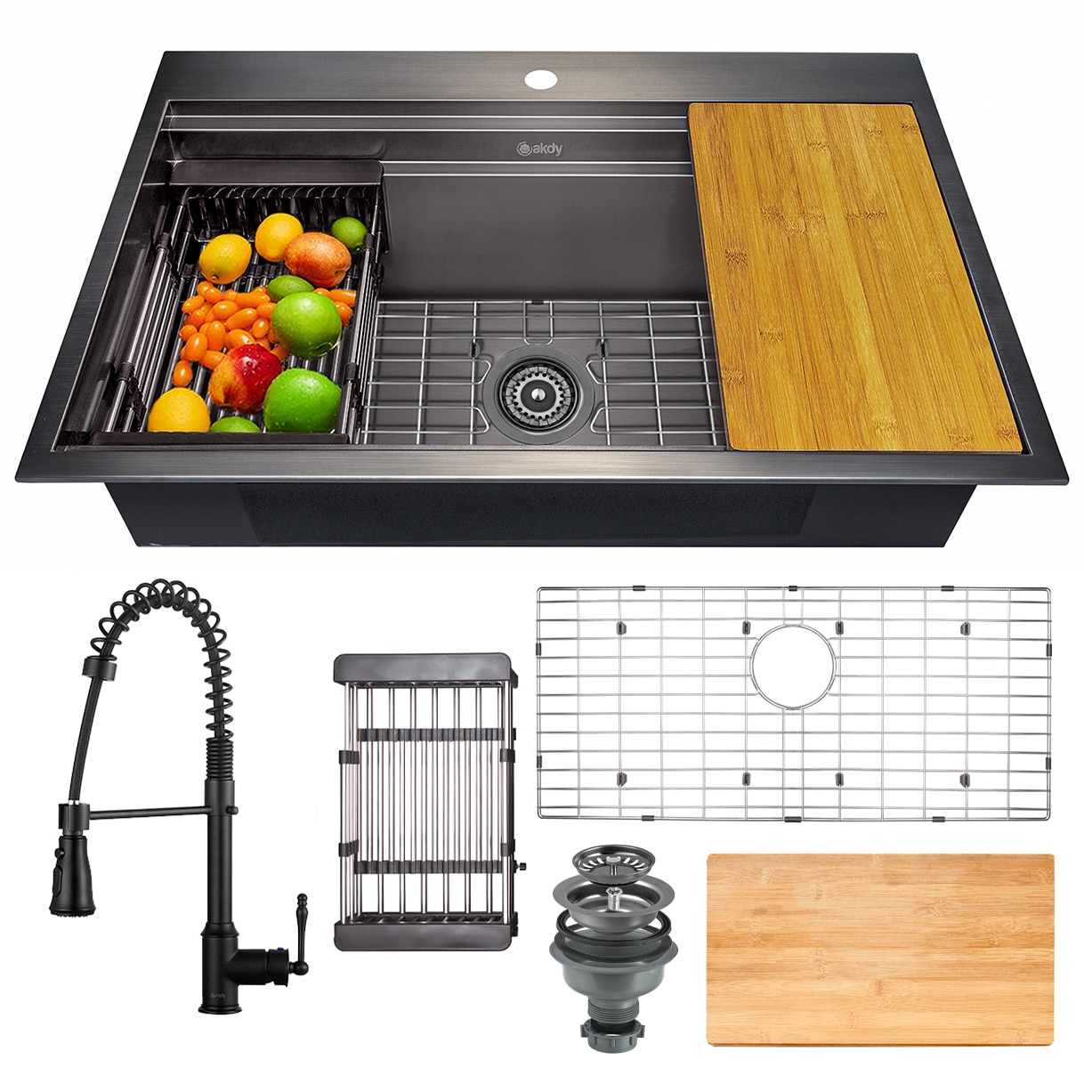 AKDY KS0506-KF12 Drop-in 32-Inches x 22-Inches Gunmetal Matte Black Stainless steel Single bowl 1-Hole 18 -Gauge Workstation Kitchen Sink All-in-One Kit
