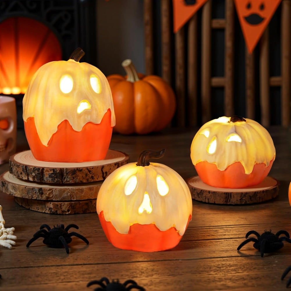 Beedesign 3 Piece Halloween Ghost Pumpkin Decorations Light Up Cute Pumpkin Ghost Figurines Indoor Tabletop Decor for Home Party Mantel Kitchen