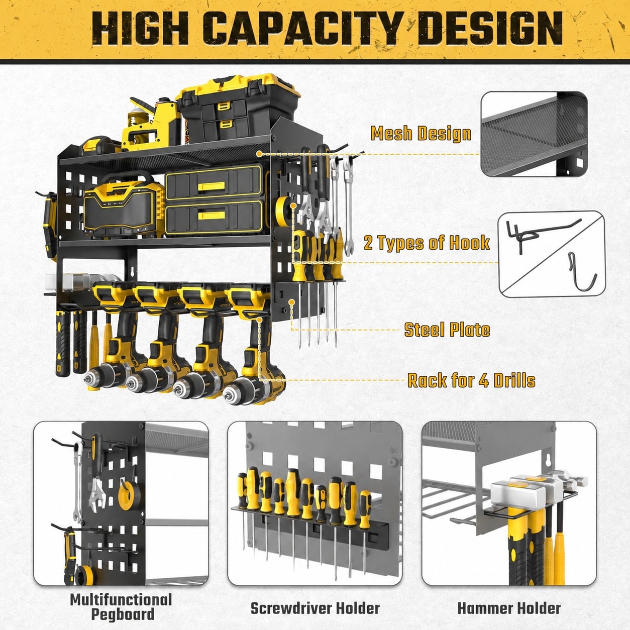Vrbgify Power Tool Organizer Wall Mount with 2 Side Pegboards and Hooks ...