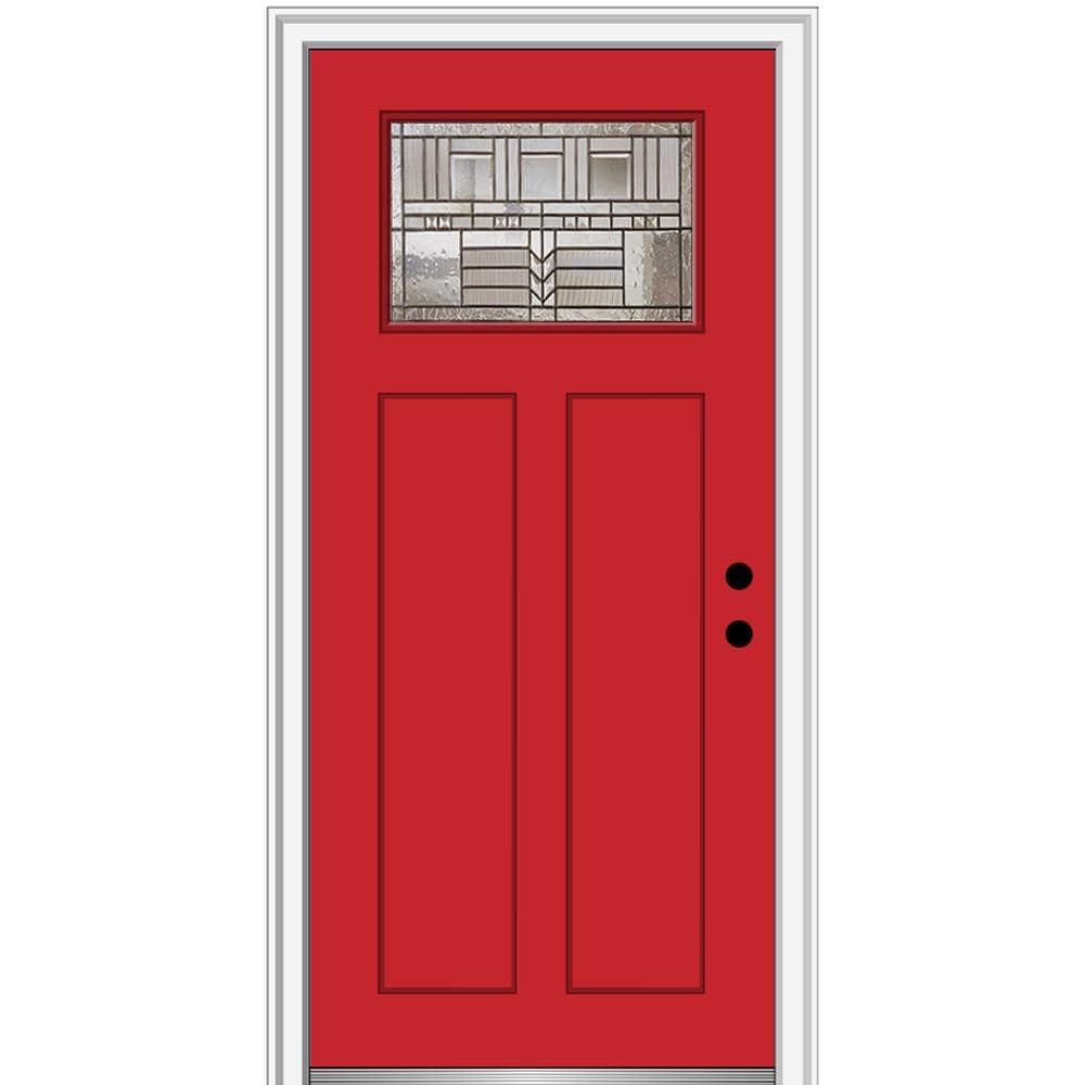 MMI DOOR ZZ3664624L 32-in x 80-in x 6-9/16-in Fiberglass Craftsman Left-hand inswing Red Saffron Painted Prehung Front Door with Brickmould Insulating core