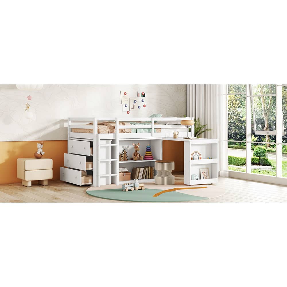 JUJABU White Twin Loft Bed with Drawer Cabinet Shelf Cabinet and Pulling Out Desk Rubber Wood Loft Bed with Safety Guardrail