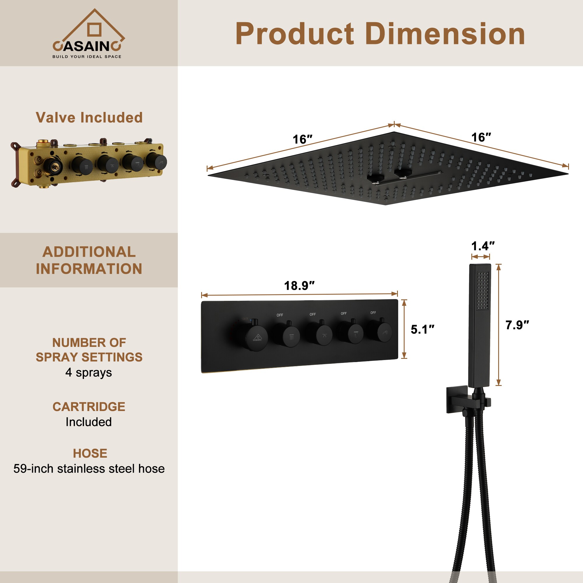 CASAINC CS6837-16MB Showerhead-Bar-Panels - View #8