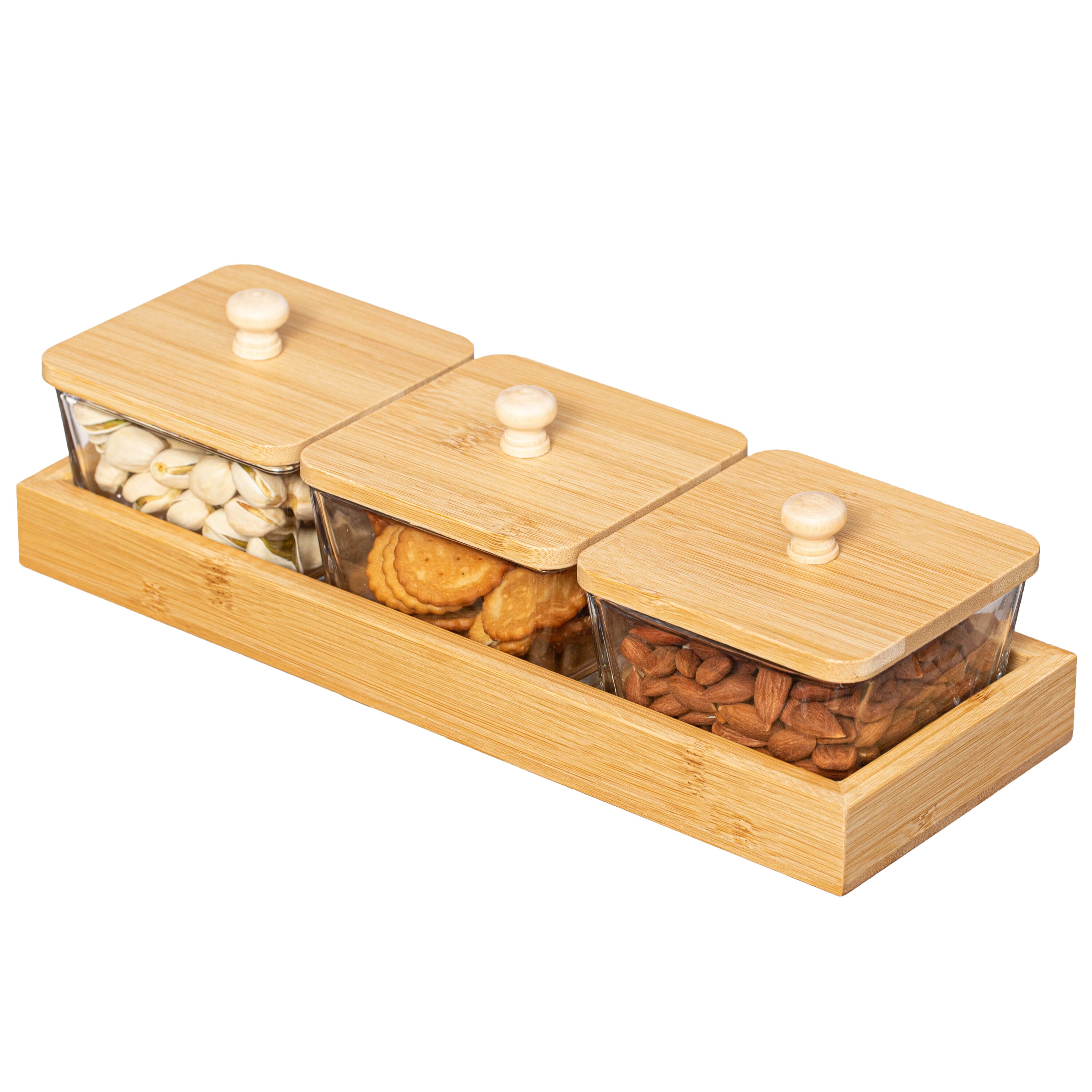 Basicwise QI004711.3  Set Of 3 Square Glass Jars with Bamboo Lids and Wooden Tray and #8211 Rectangular Charcuterie Snack Organizer and Fruit Platter For Party Candy Jars Cookies Nuts Fruits and Snack Box