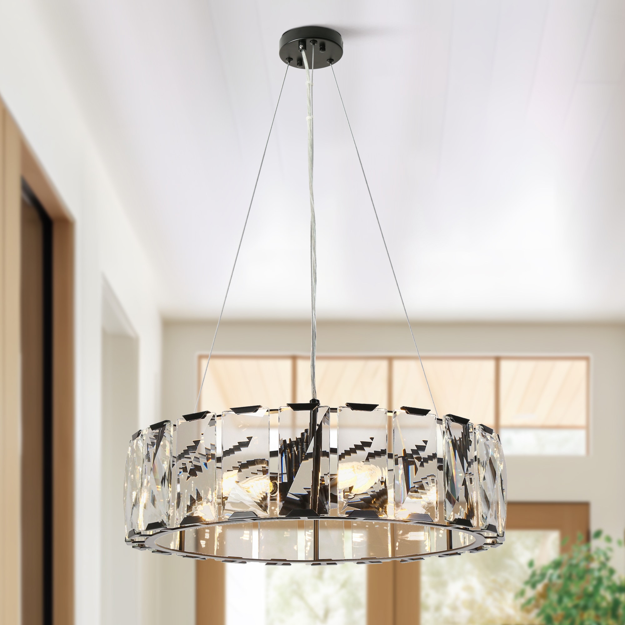 Modern Black Crystal 6-Light Drum Chandelier with Clear Crystals