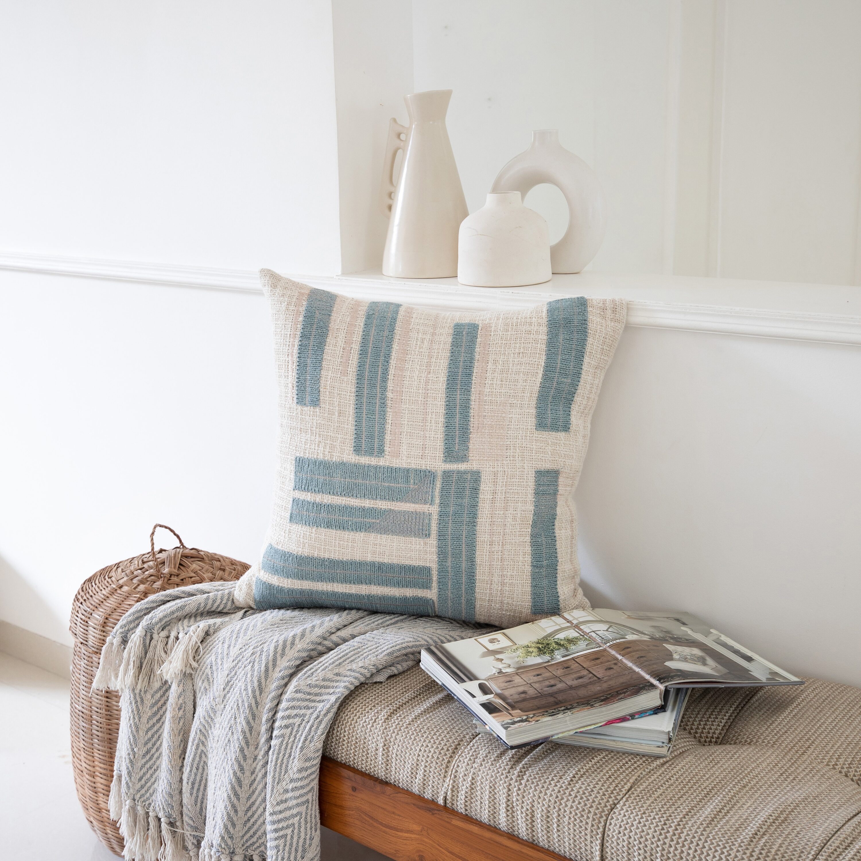 Ocean Blue and Ivory Cotton Embroidered Throw Pillow
