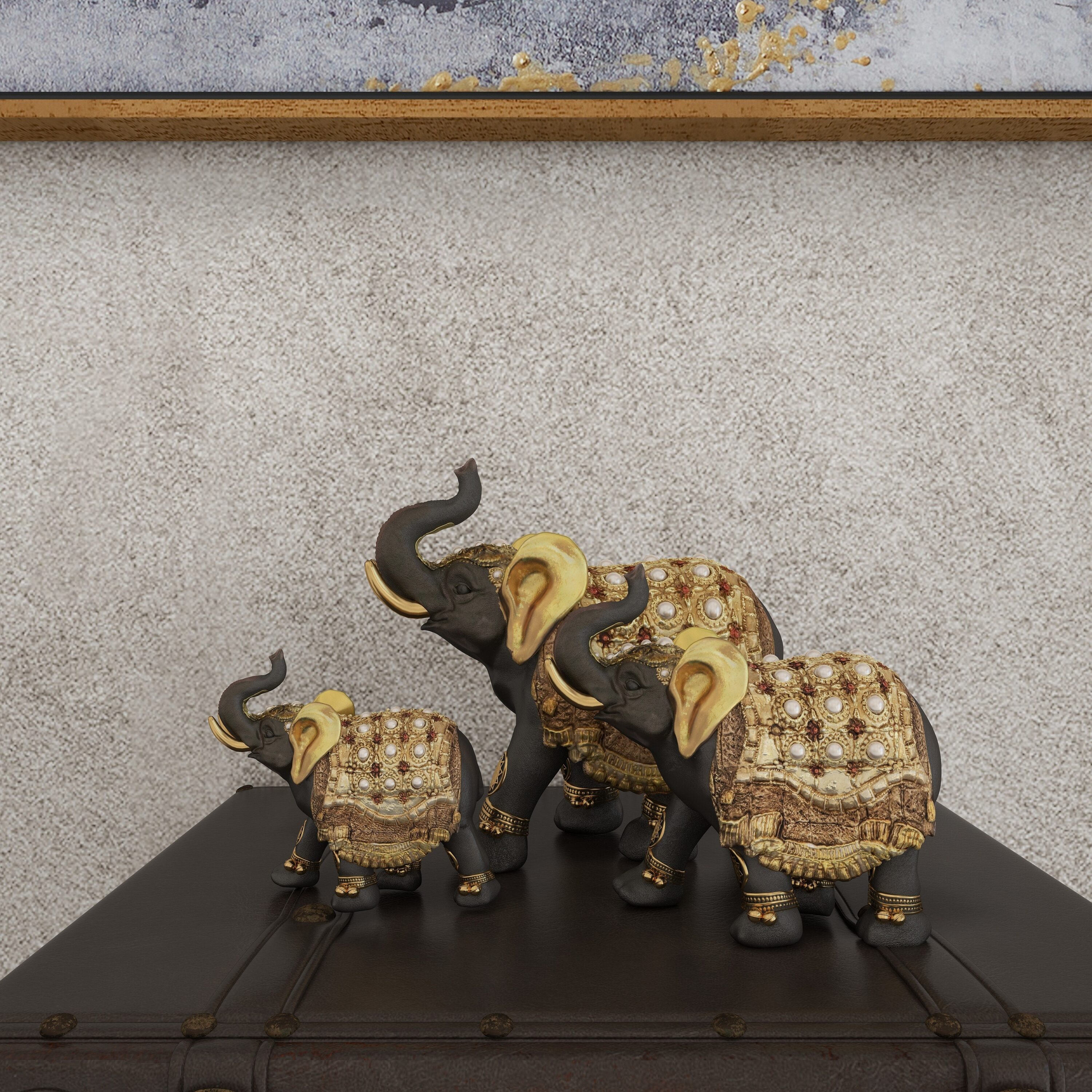 Majestic Trio Gold Polystone Elephant Statues with Satin Finish