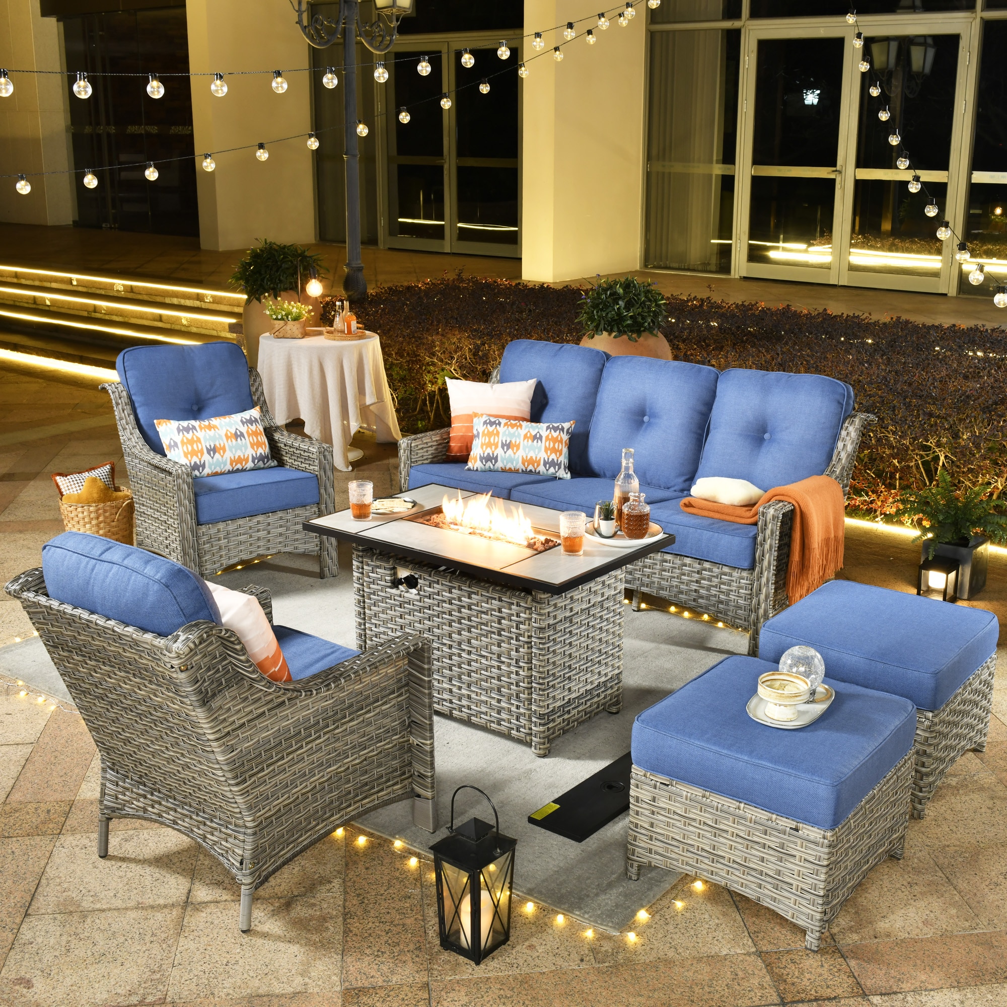 weaxty HMBCFP-PAD506 Aireno 6 -Piece Wicker Patio Sofa Conversation Set with Blue Cushions