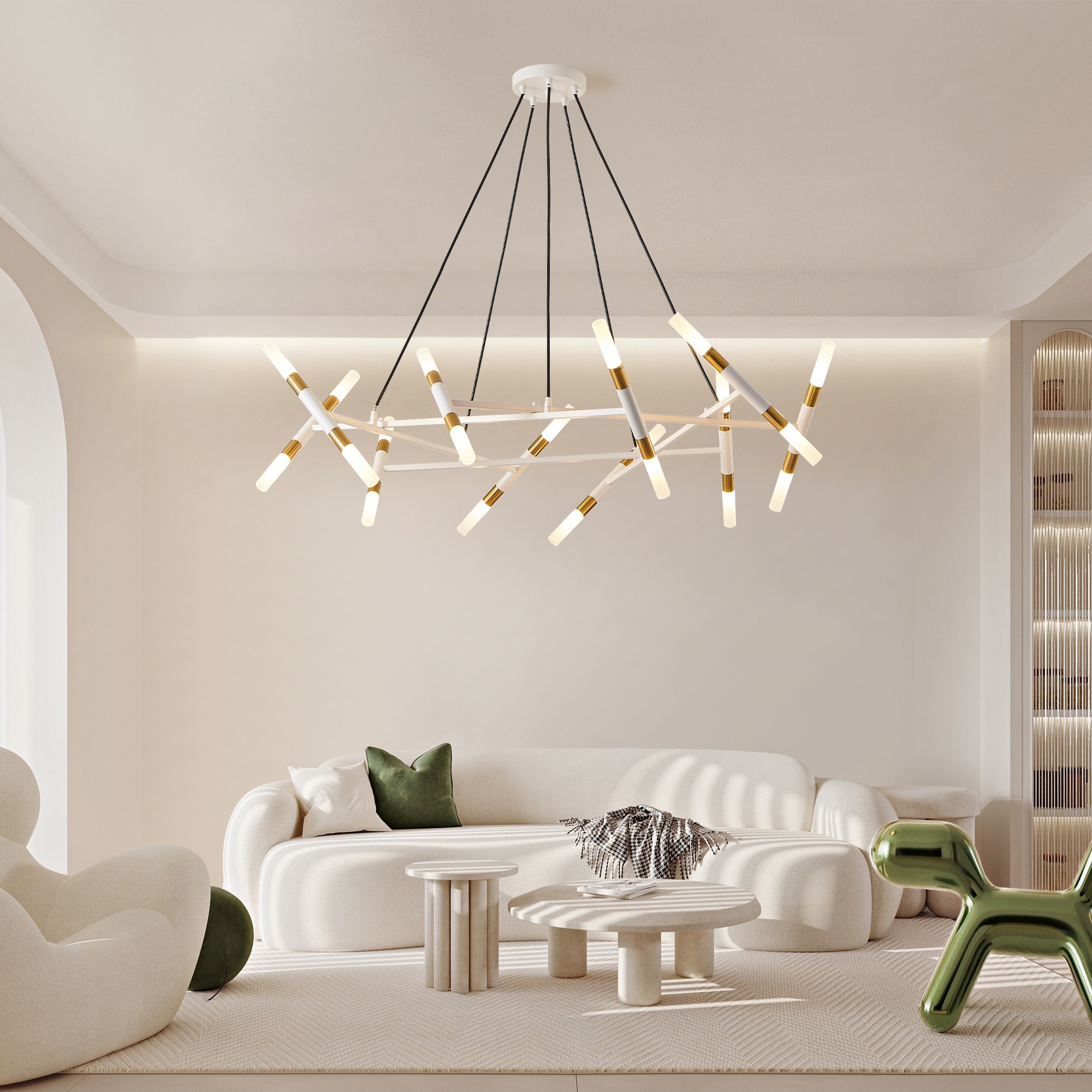 Dimakai White and Gold Modern Chandelier 41 Inch Branch Design with Frosted Tubes and Black Cords