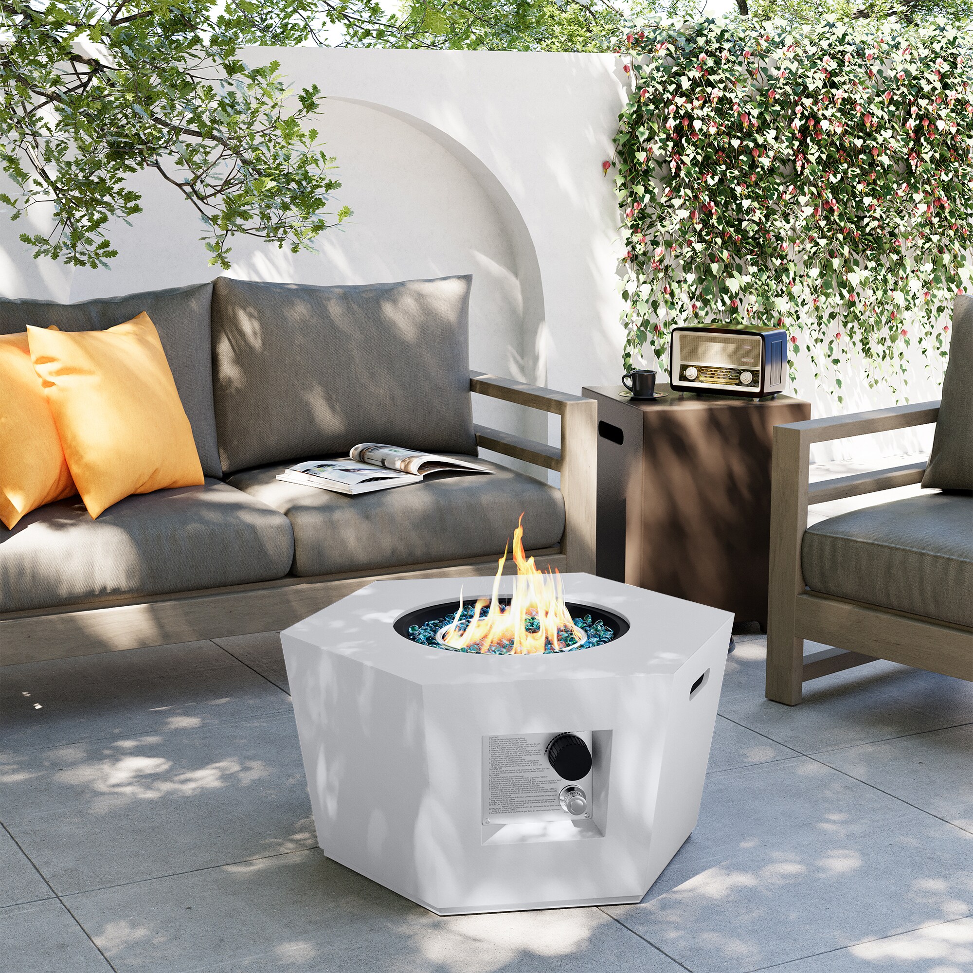 UPHA 28SMS-6BX-MB-WF Hexagonal Terrazzo Fire Pits 28-Inches W White Magnesium oxide Oval Liquid propane Fire pit