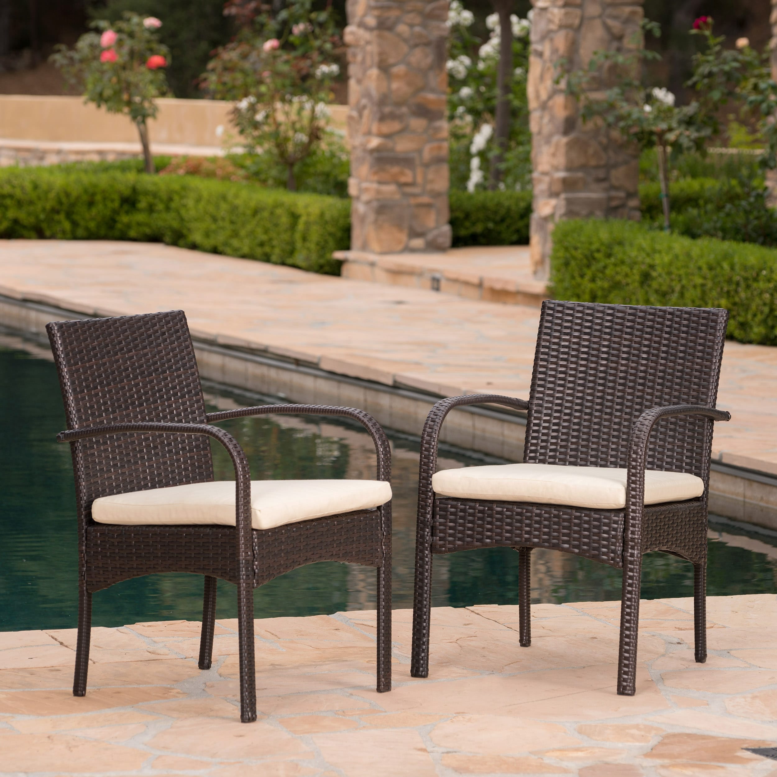 AAZJ JPN-56449BRN Patio Chairs Set of 2 Rattan Brown Polyester Frame Stationary Conversation Chair with Beige Cushioned Seat