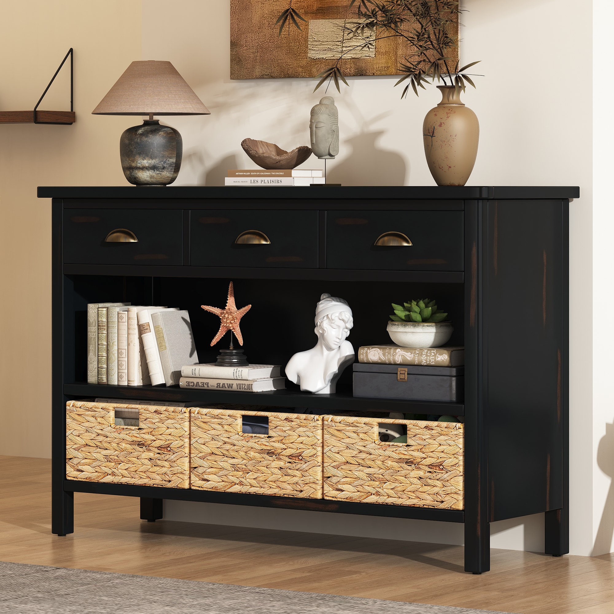 ModernLuxe N715P215584B Retro Console Table with 3 Storage Drawers Entryway Table with 3 Water Hyacinth Woven BasketsWooden Accent Sofa Table Buffet Cabinet for Entryway Hallway and Living Room Espresso