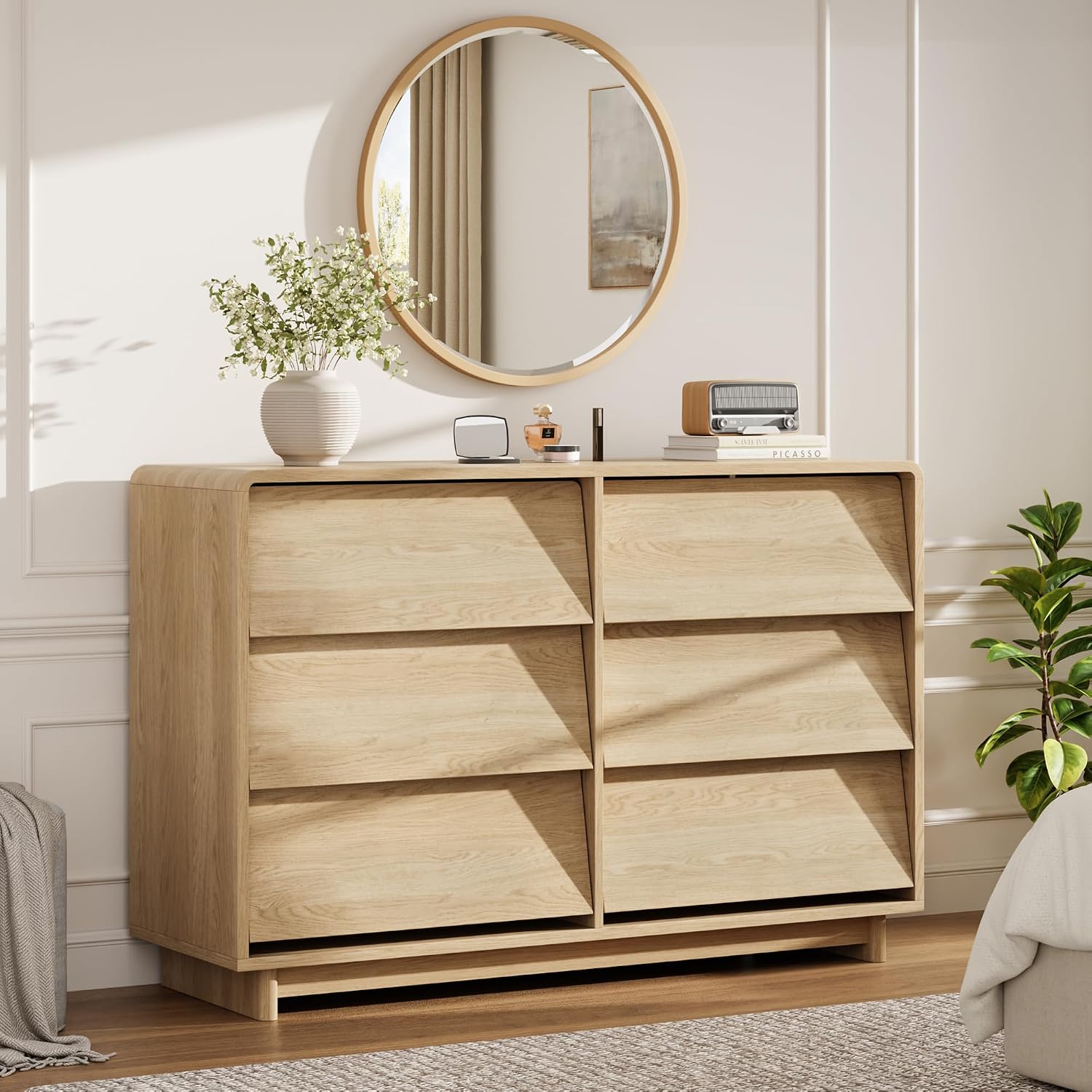 IdealHouse 6 Drawer Dresser for Bedroom 47.2in Modern Wood Dresser with Handle-Free and Curved-Edge Design Chests of Drawers with Large Capacity Natural