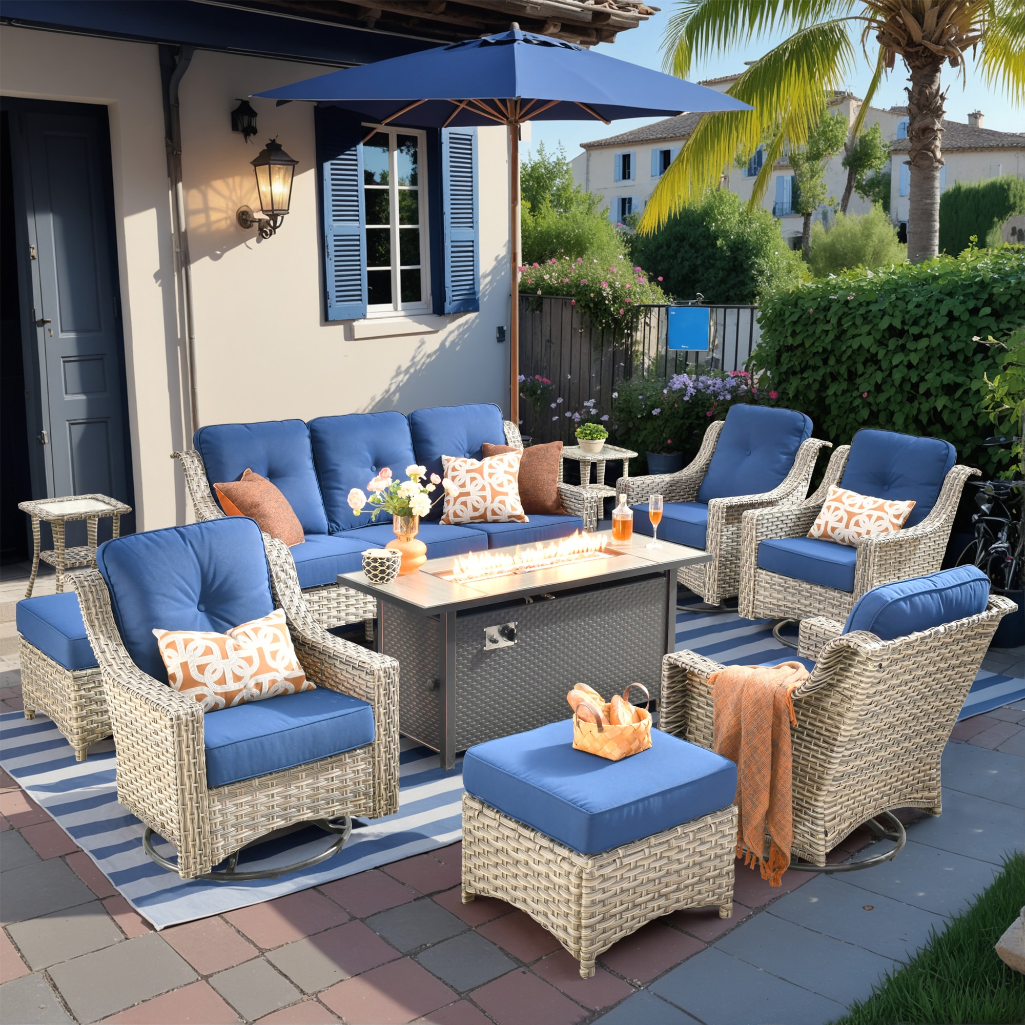 Caodoc L5-CFP03-YZPAD710 New right-Angles Rattan Outdoor Sectional with Blue Cushions and Rattan Frame