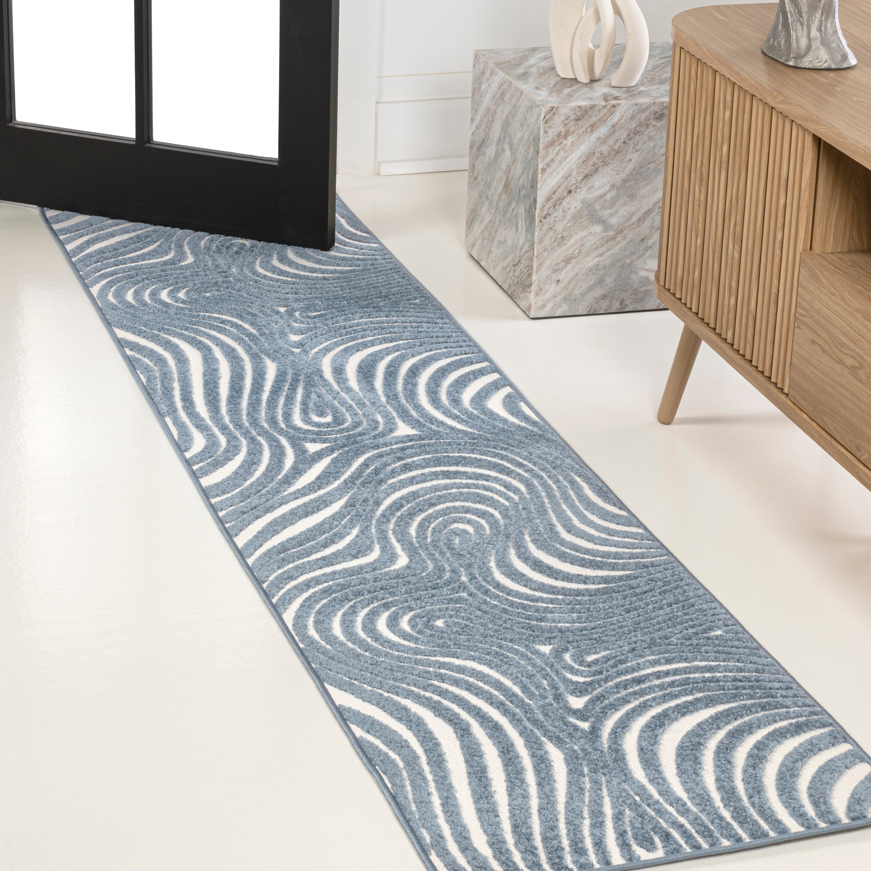 JONATHAN  Y SCN103E-28 SCANDINAVIAN Maribo High-Low Groovy 2 x 8 (ft) Loomed Polypropylene Dark Blue/Cream Rectangular Indoor/Outdoor Stripe Bohemian/Eclectic Runner rug