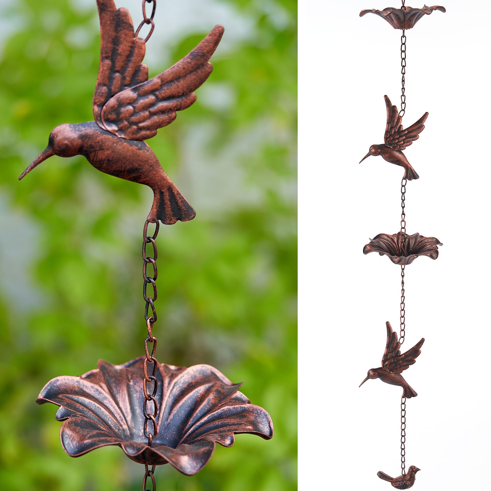 Afoxsos 8.5 ft Rain Chain with 6 Hummingbirds and 6 Cups Metal Outdoor Rainwater Catcher Chain for Garden Porch Yard Decor 1 Piece