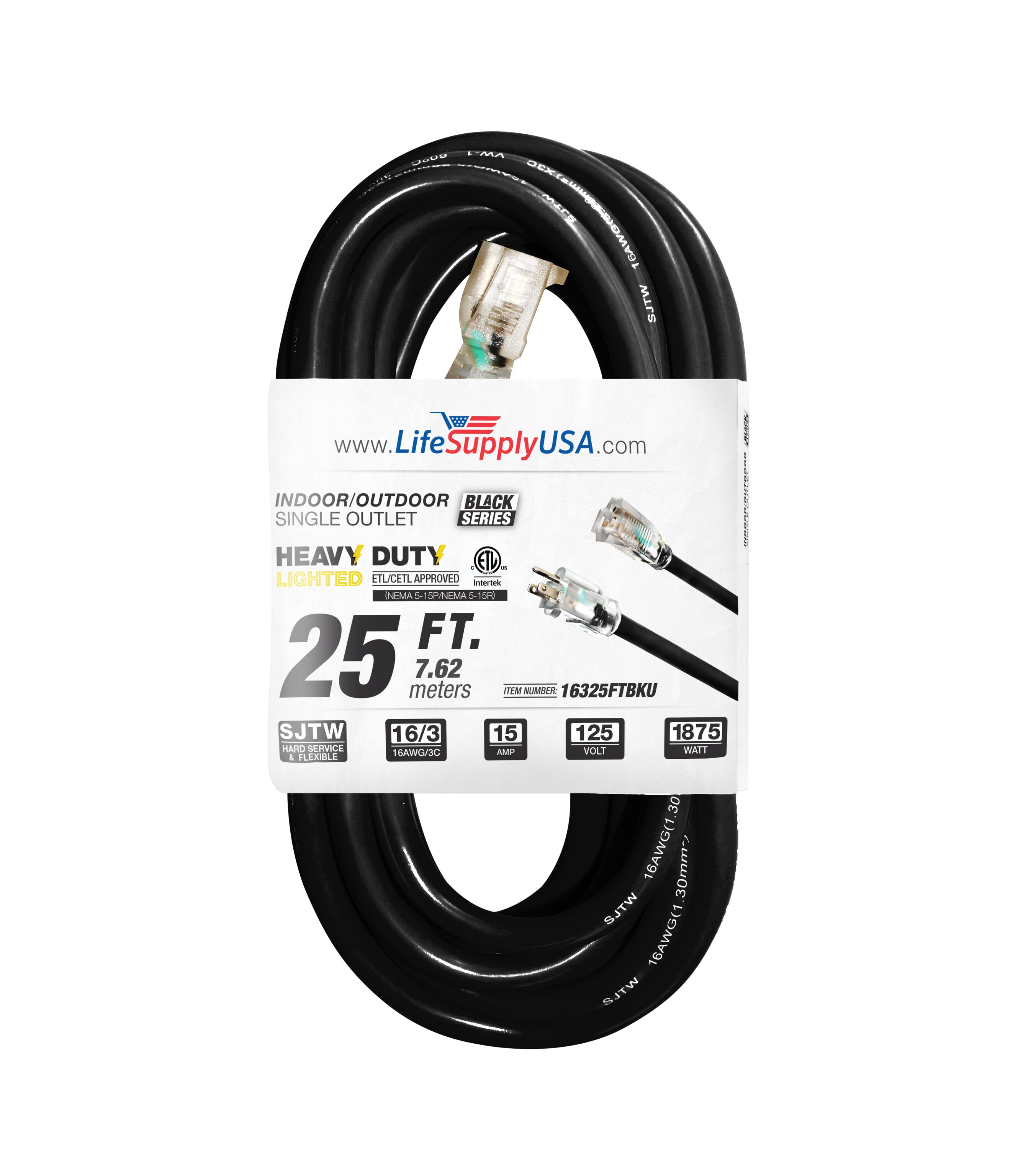 LifeSupplyUSA 16325FTBKU 25-ft 16 / 3 3 Prong Black Indoor/Outdoor SJTW Heavy Duty Lighted Extension Cord
