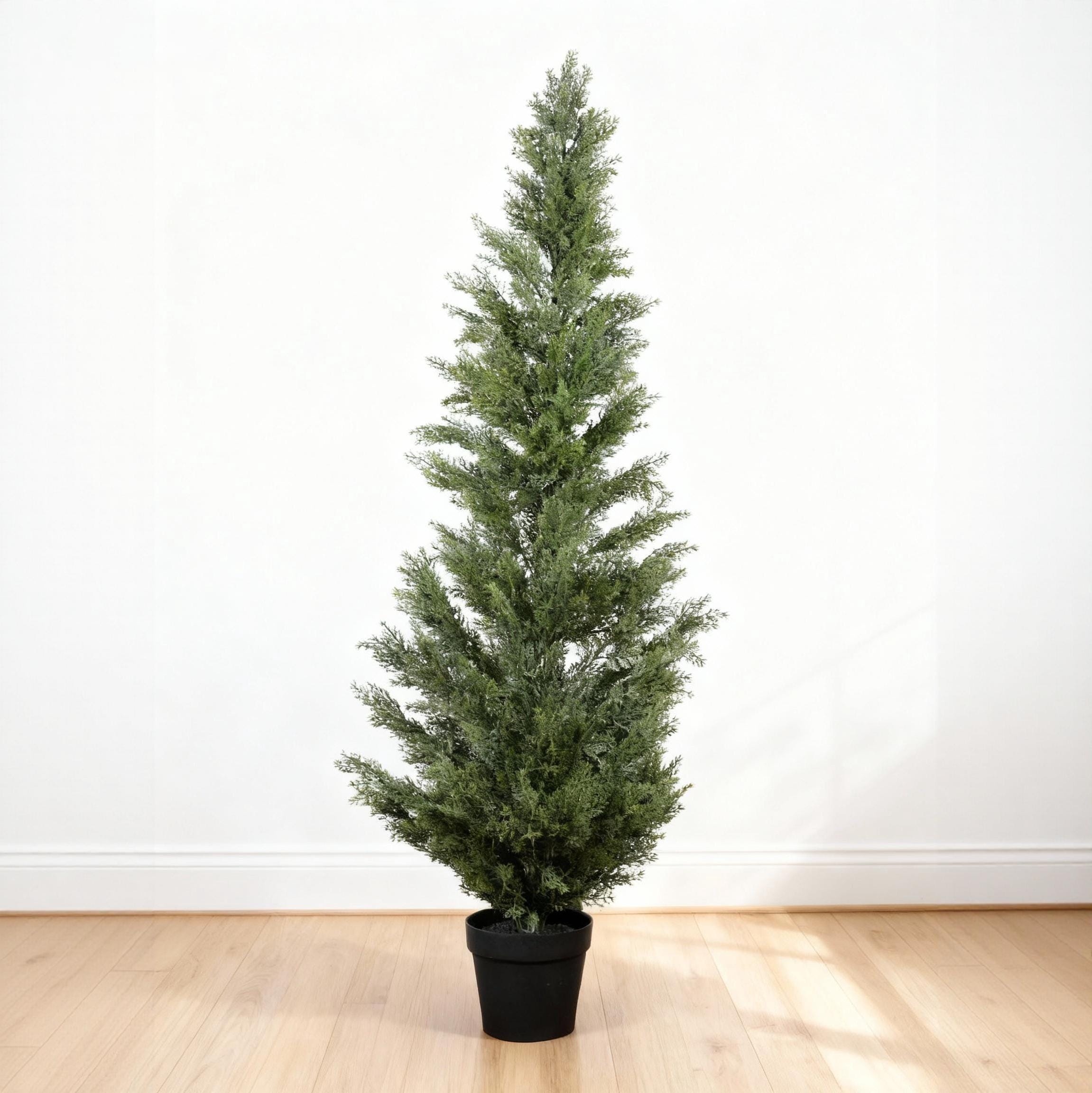 Tatayosi 5ft Artificial Cypress Tree in Black Plastic Pot UV Resistant Realistic Indoor Outdoor Fake Topiary Plant Garden or Entryway Decoration 1pc set