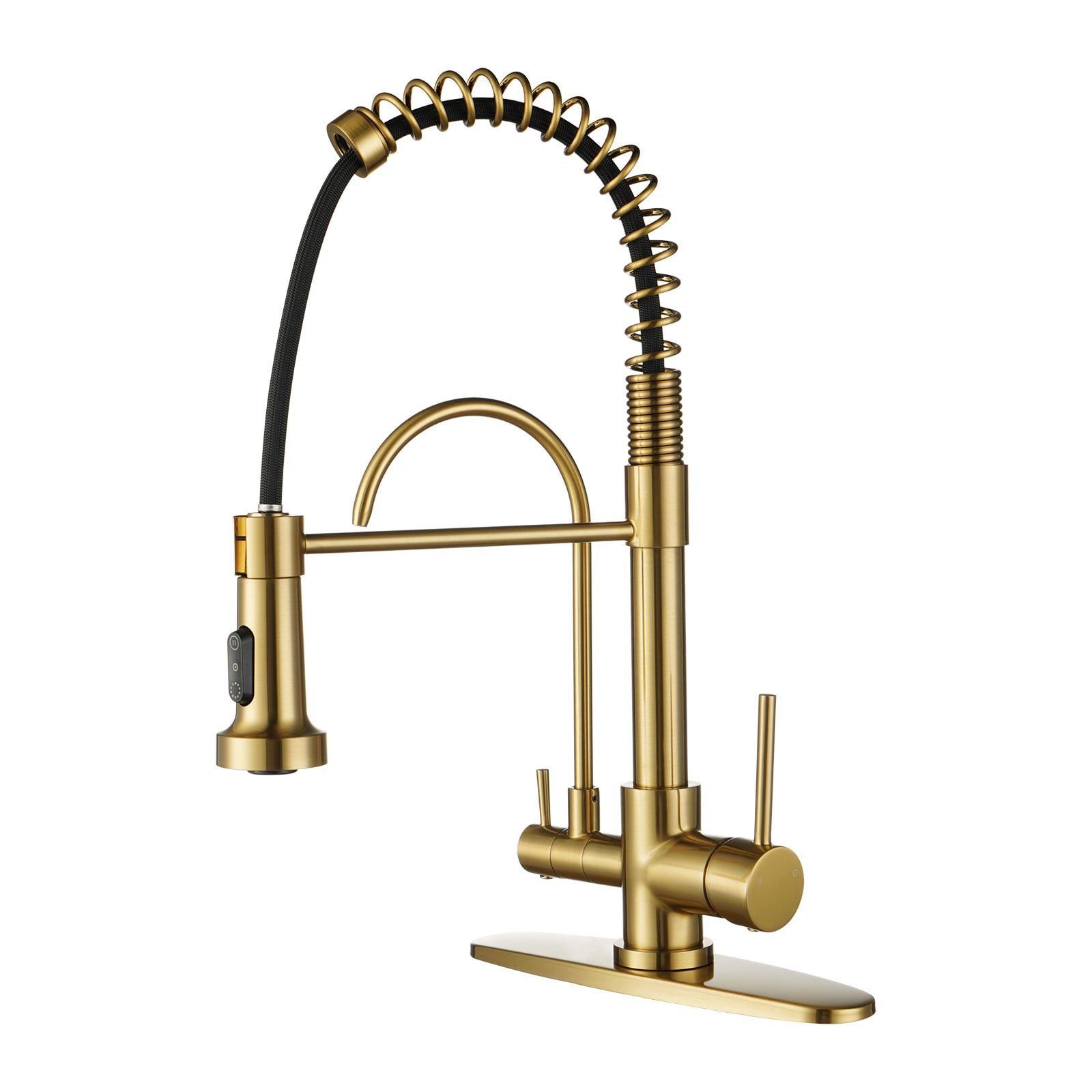 WOWOW 2317600G Gold Double Handle Deck-mount Pull-down Kitchen Faucet with Sprayer ( Deck Plate Included )