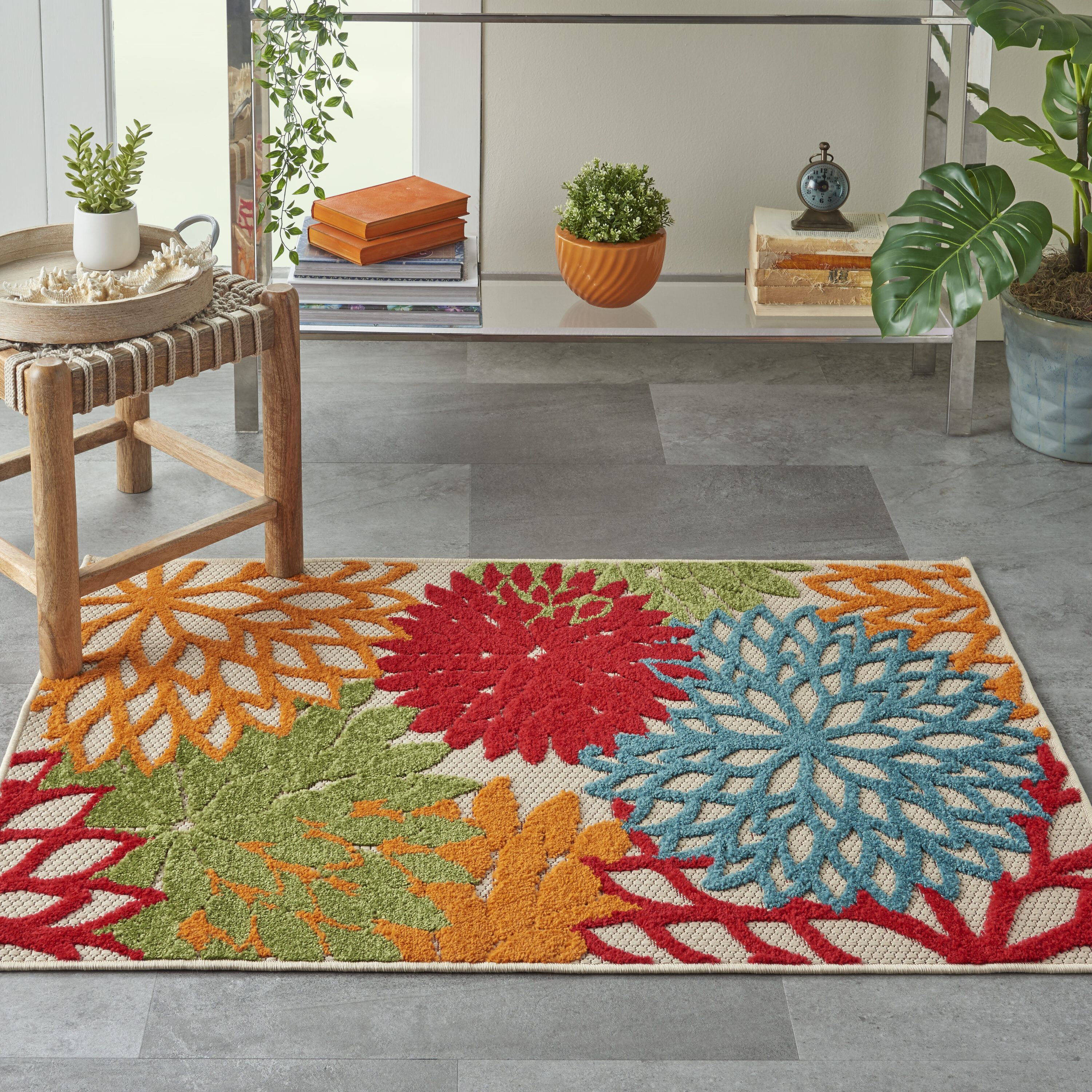 Nourison 99446299024 Aloha 3 x 4 (ft) Polypropylene Green Rectangular Indoor/Outdoor Abstract Tropical Area rug