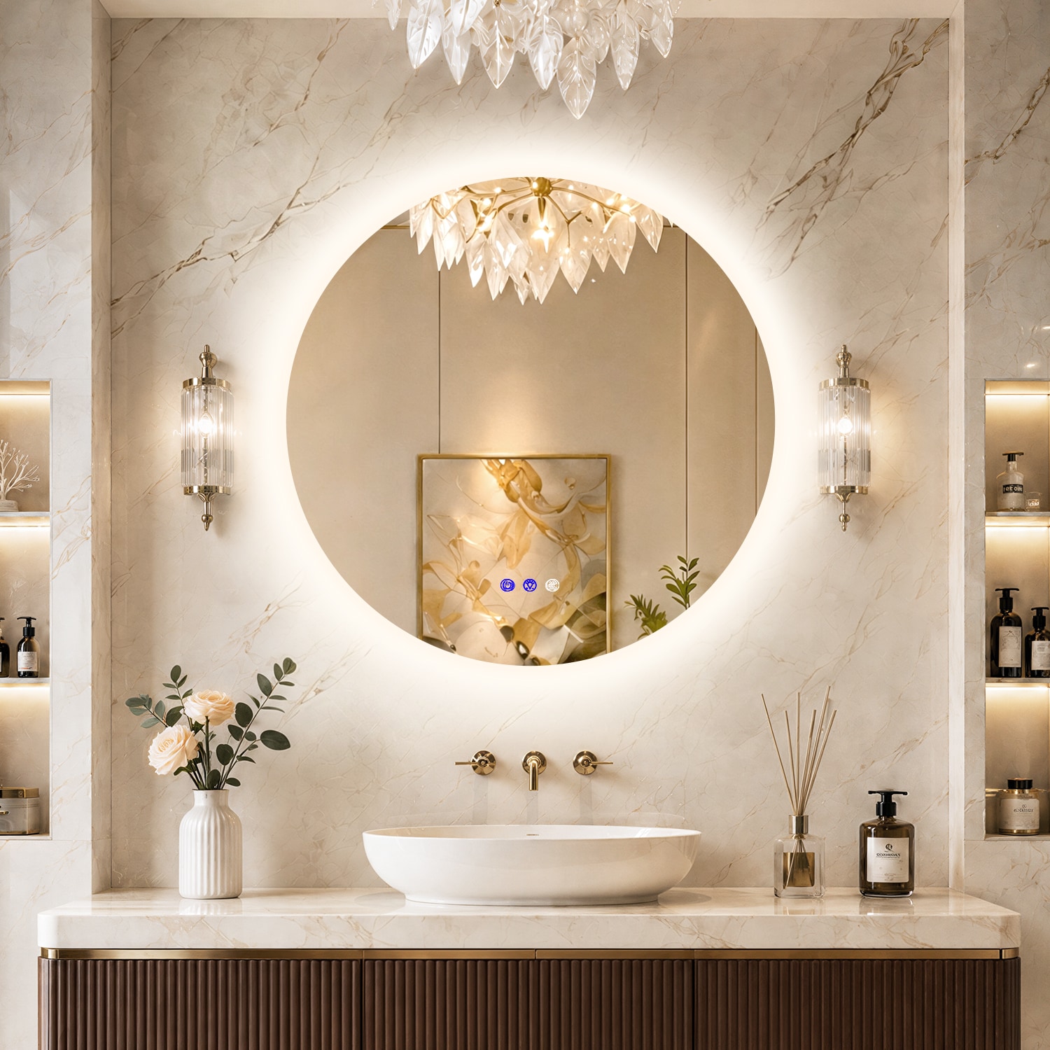 Velusian 32 in. W x 32 in. H Round Frameless LED Light with 3-Color and Anti-Fog Wall Mounted Bathroom Vanity Mirror
