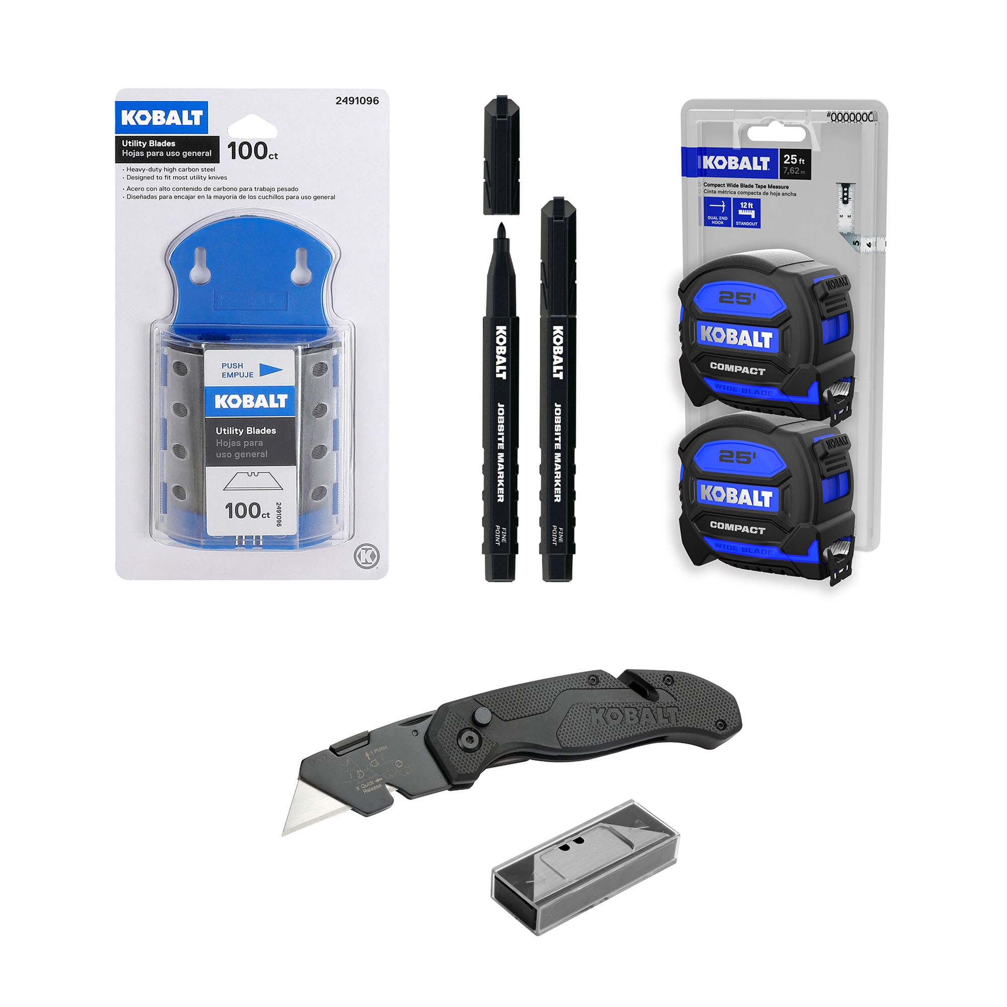 Kobalt Speed Release 11-Blade Utility Knife, Tape Measure, Razor Blade, & Jobsite Marker Kit