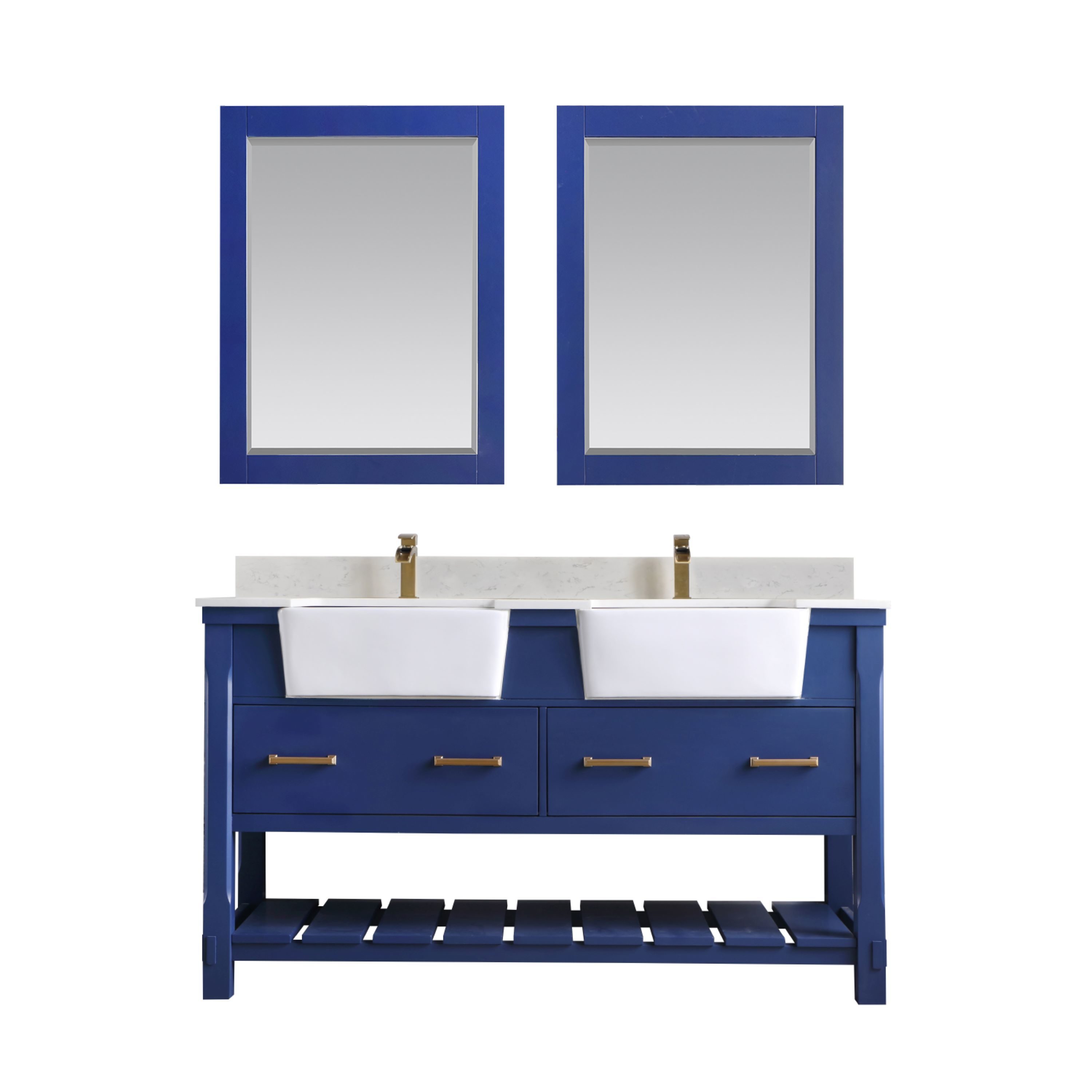 Altair 537060-JB-AW Georgia 60-in Jewelry Blue Farmhouse Double Sink Bathroom Vanity with Aosta White Engineered Marble Top (Mirror Included)