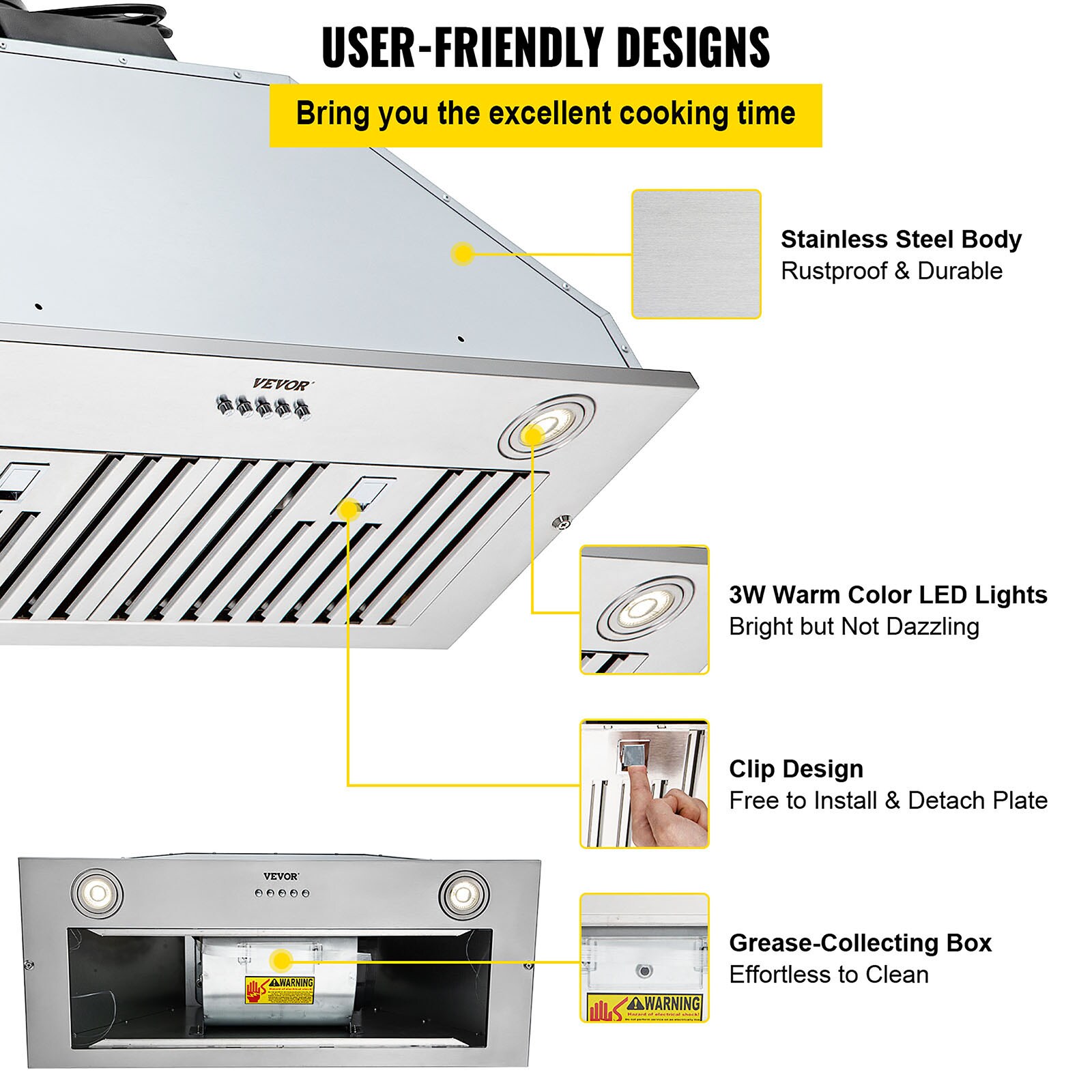 VEVOR Insert Range Hood, 900CFM 4-Speed, 30 Inch Stainless Steel Built-in  Kitchen Vent with Touch & Remote Control LED Lights Baffle Filters,  Ducted/Ductless Convertible, ETL Listed