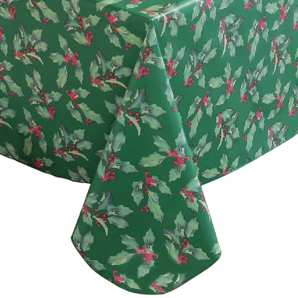 Phewnyzo  Vinyl Christmas Tablecloth Rectangle 60 x 120 Inch Green Flannel Backed Waterproof Heavy Duty Floral Holly Berry Print for Dining Room