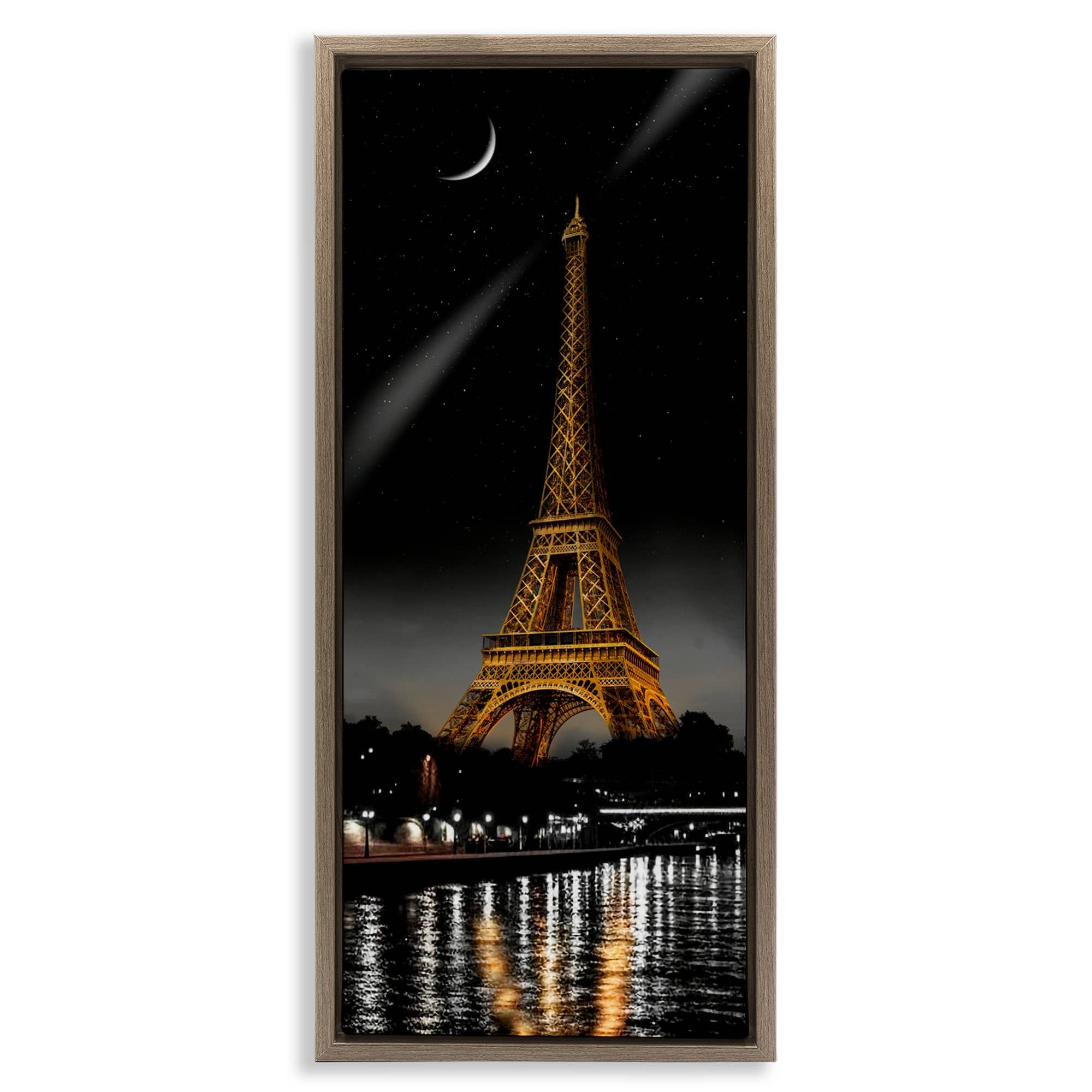 Stupell Industries BV-183-FFE-10X24 Parisian Tower with Crescent Moon Brown Floating Frame Canvas Art 11 x 25