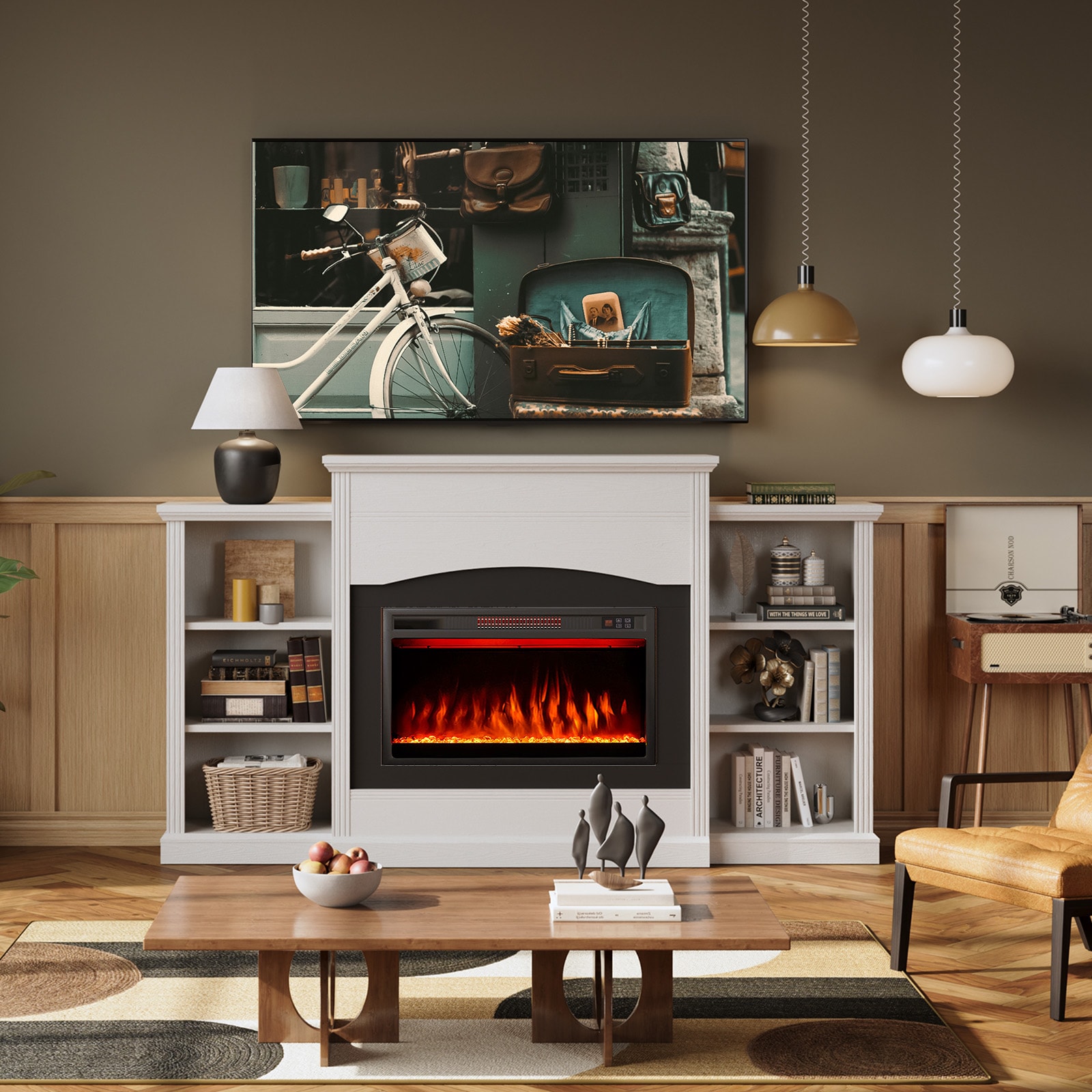 Bapipro TE02A318W 68-in W White TV Stand with Infrared quartz Flat wall Electric Fireplace with Remote Control Included