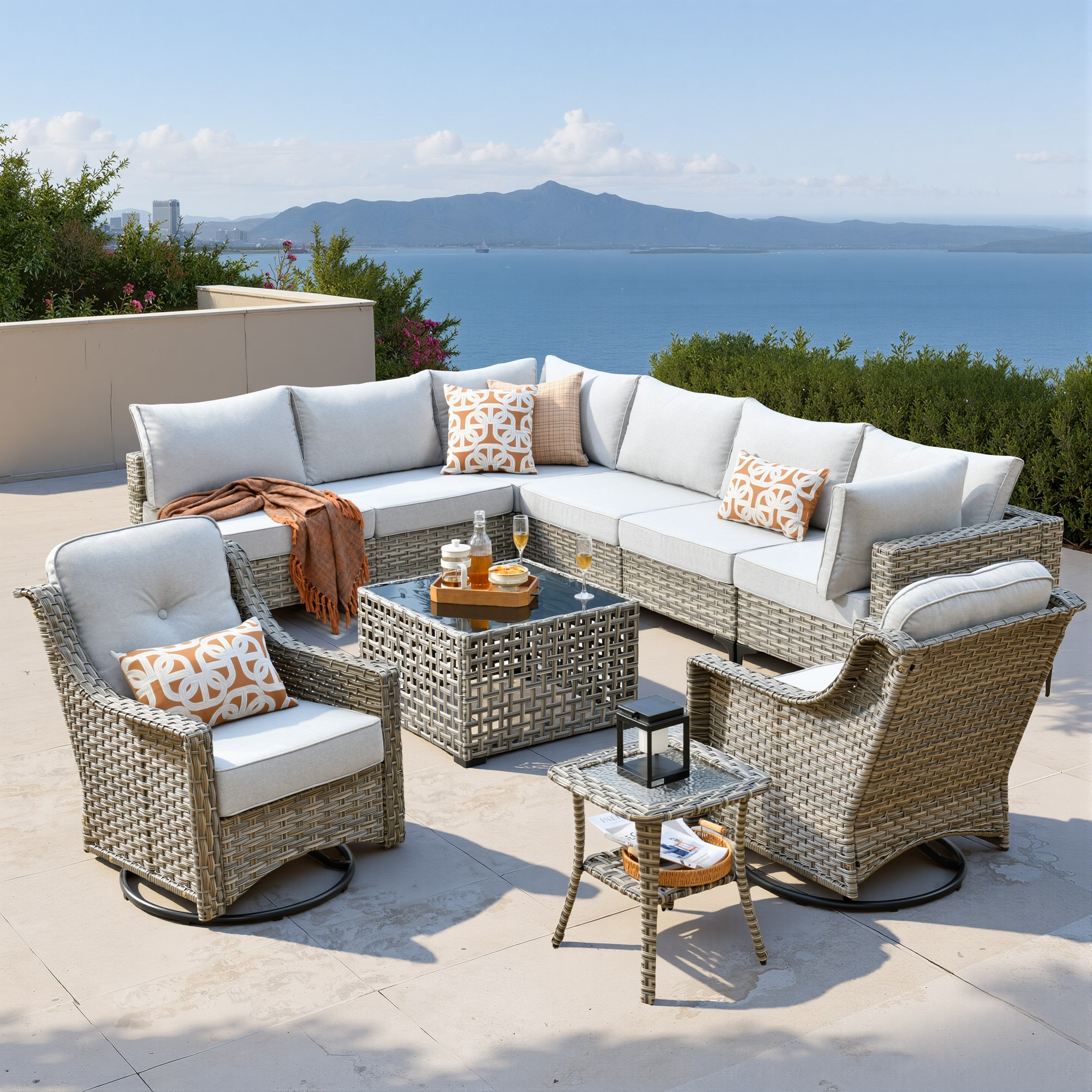 ALTRIGUS 6L-YZSKT410-AL 10 -Piece Wicker Patio Sofa Conversation Set with Light Gray Cushions