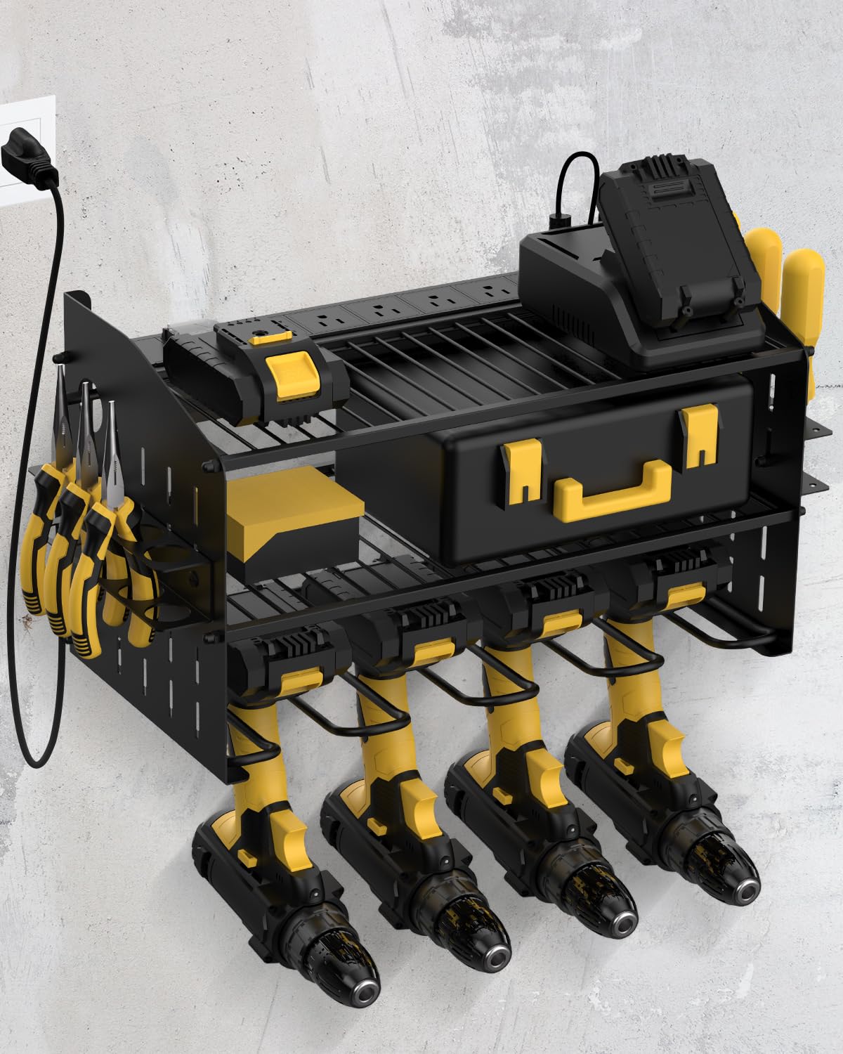 UUDULY  Wall Mount Power Tool Organizer with Charging Station 6 AC Outlets Heavy Duty Garage Tool Rack with Drill Holder and Multi Layer Storage