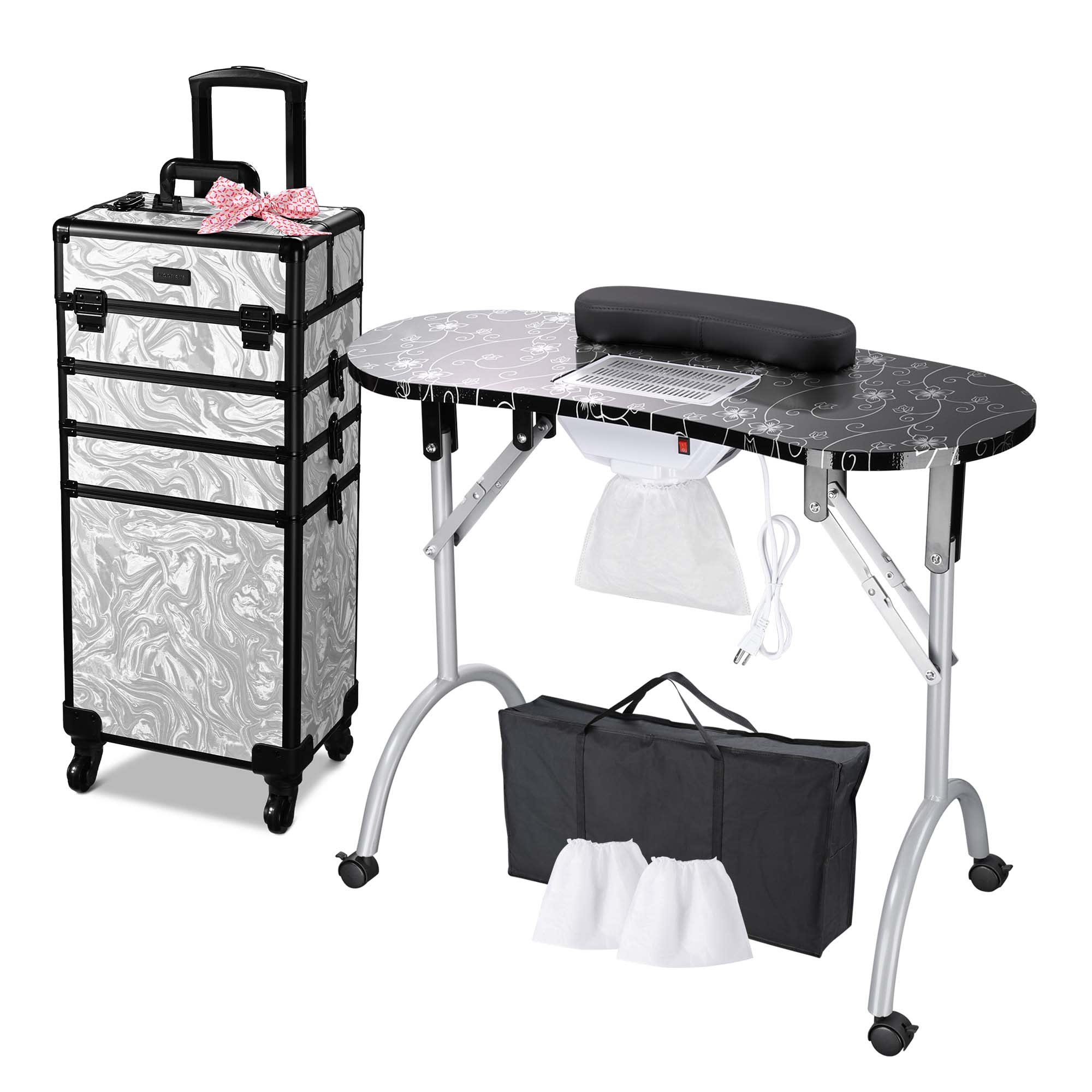 Yescom 12NATSET02-LCTB9-LO Byootique Folding Manicure Nail Table w/ 4in1 Rolling Makeup Case CB Graystone