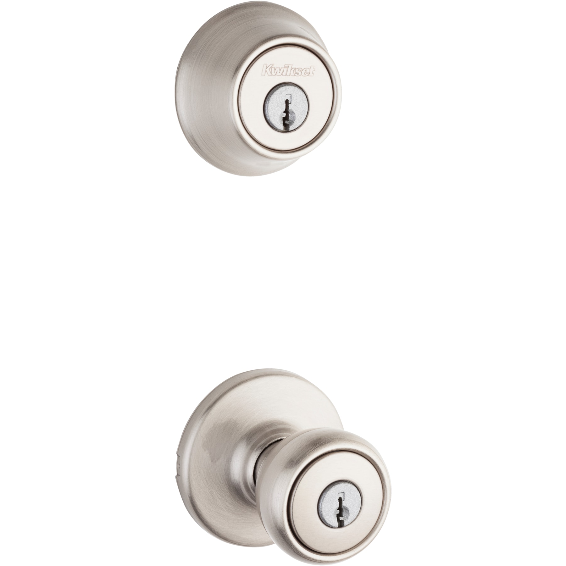 Kwikset 690T 15 BBPKG Tylo Satin Nickel Traditional Exterior Single-cylinder deadbolt Keyed entry door knob Combo pack with Antimicrobial Technology
