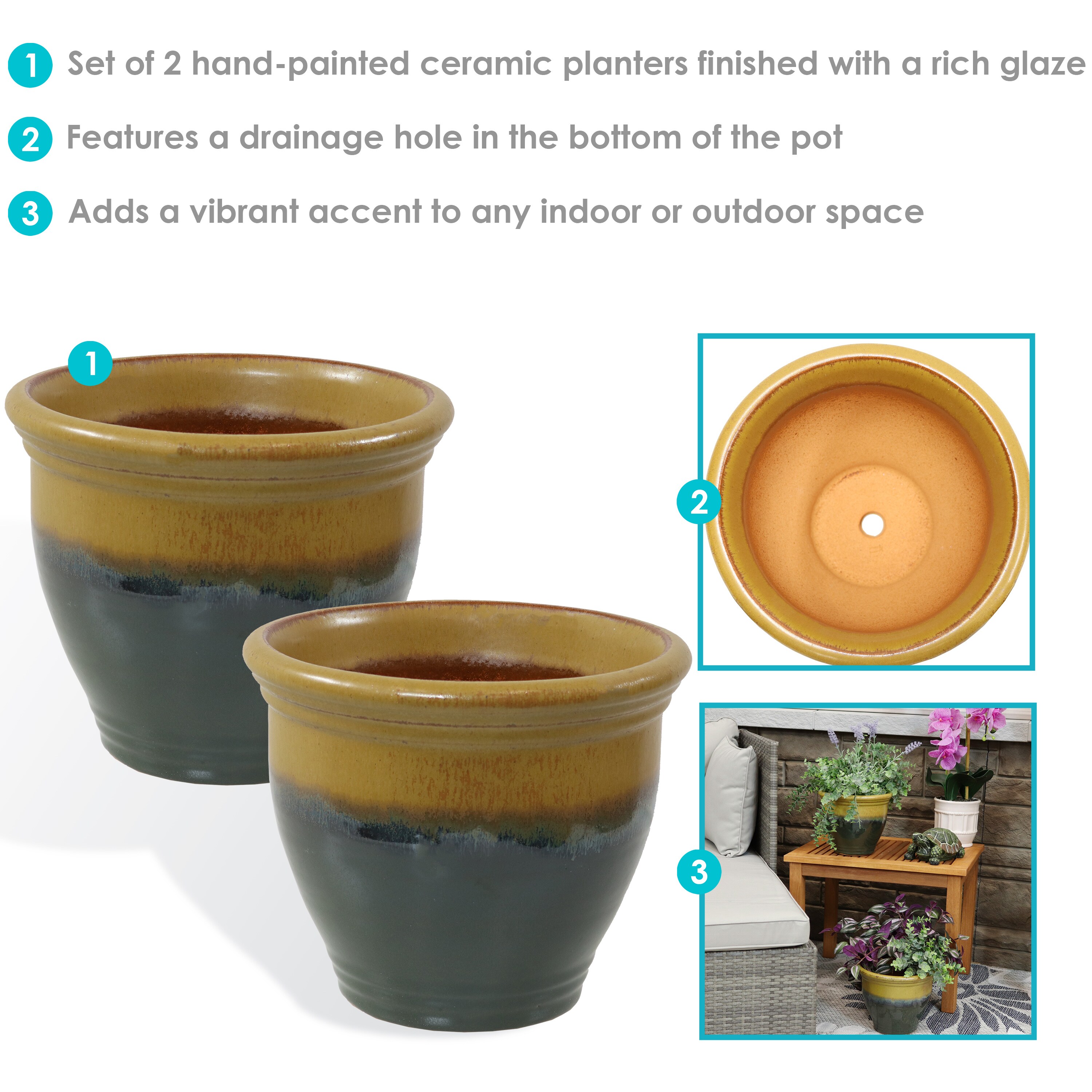 Forest Lake Green 9" Glazed Ceramic Indoor/Outdoor Planters Set